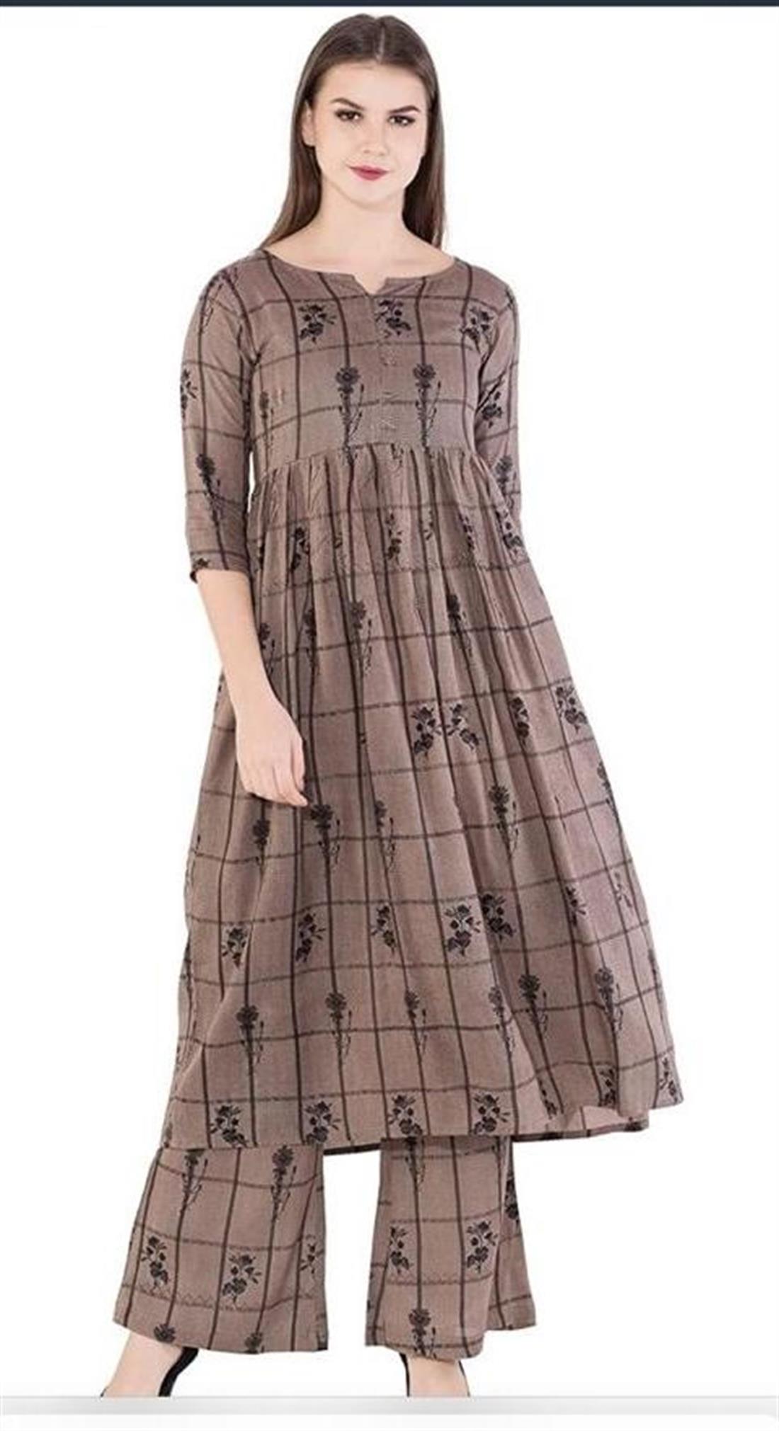 Light Brown Women Printed Rayon Kurta & Trouser