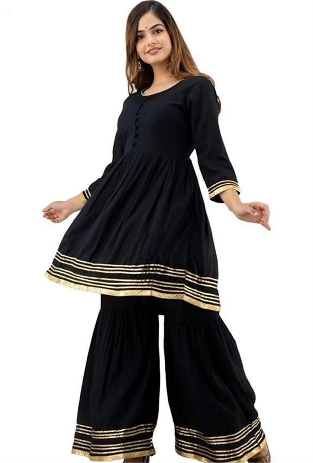 Black 2 Piece Gota Patti Solid Peplum With Sharara
