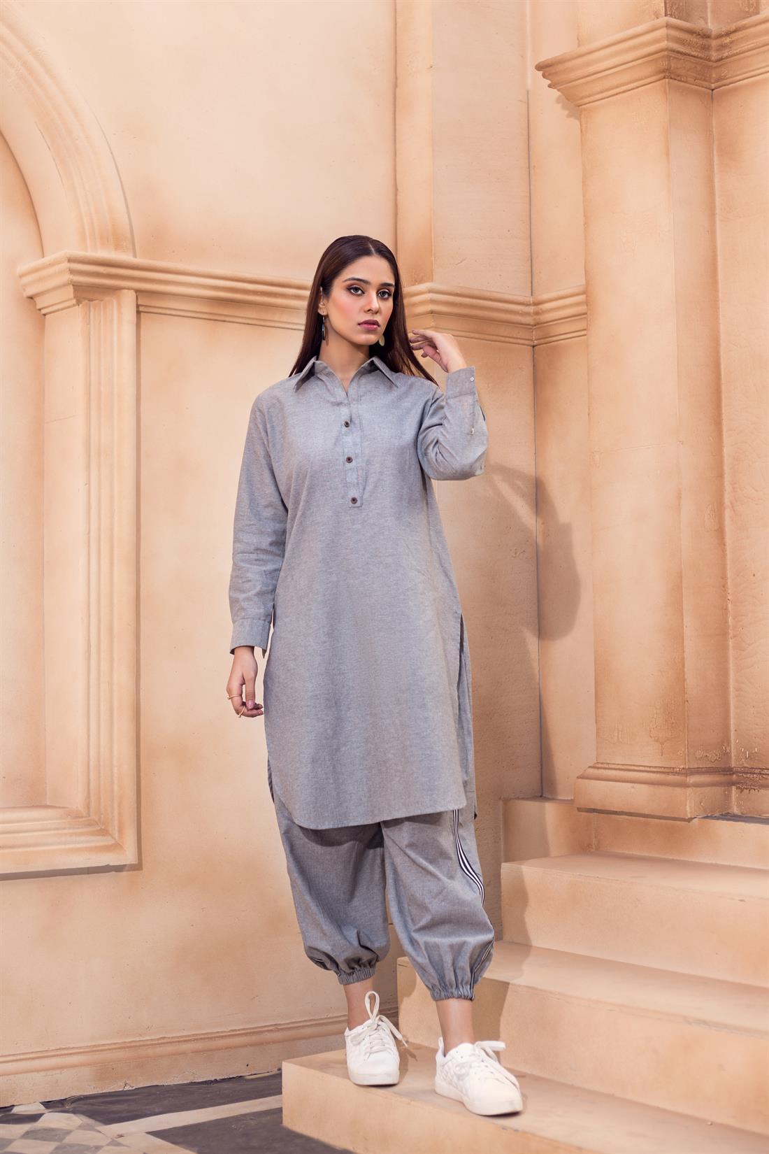 Grey 2 Piece Ladies Readymade Kurta with Trouser
