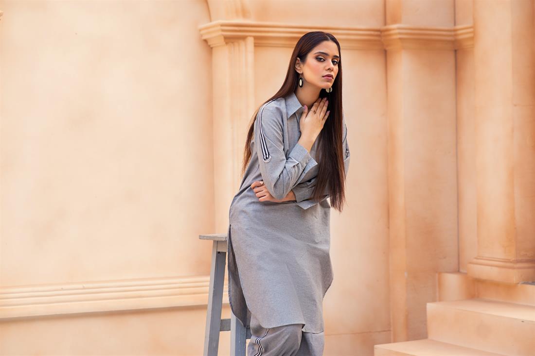 Grey 2 Piece Ladies Readymade Kurta with Trouser
