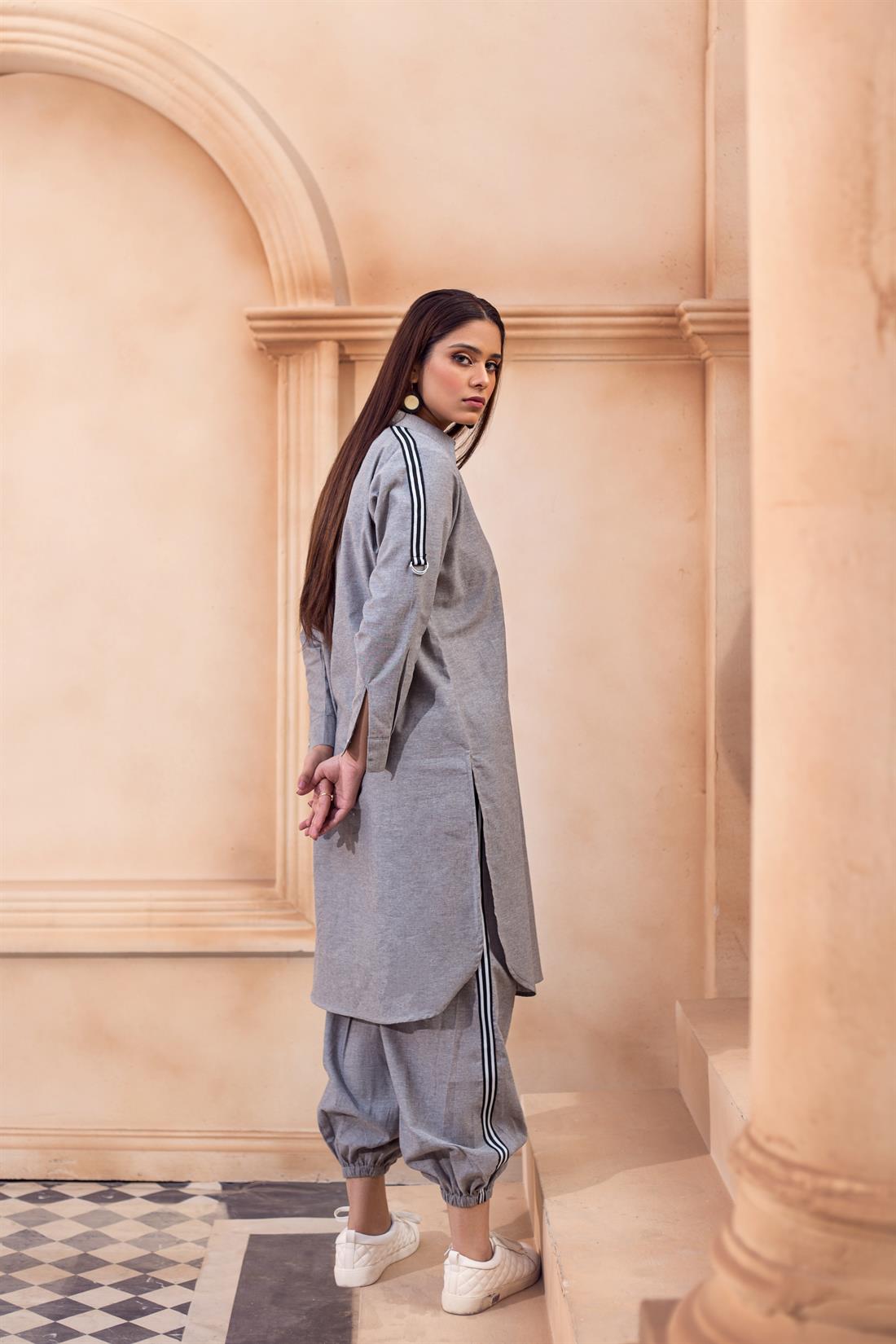Grey 2 Piece Ladies Readymade Kurta with Trouser