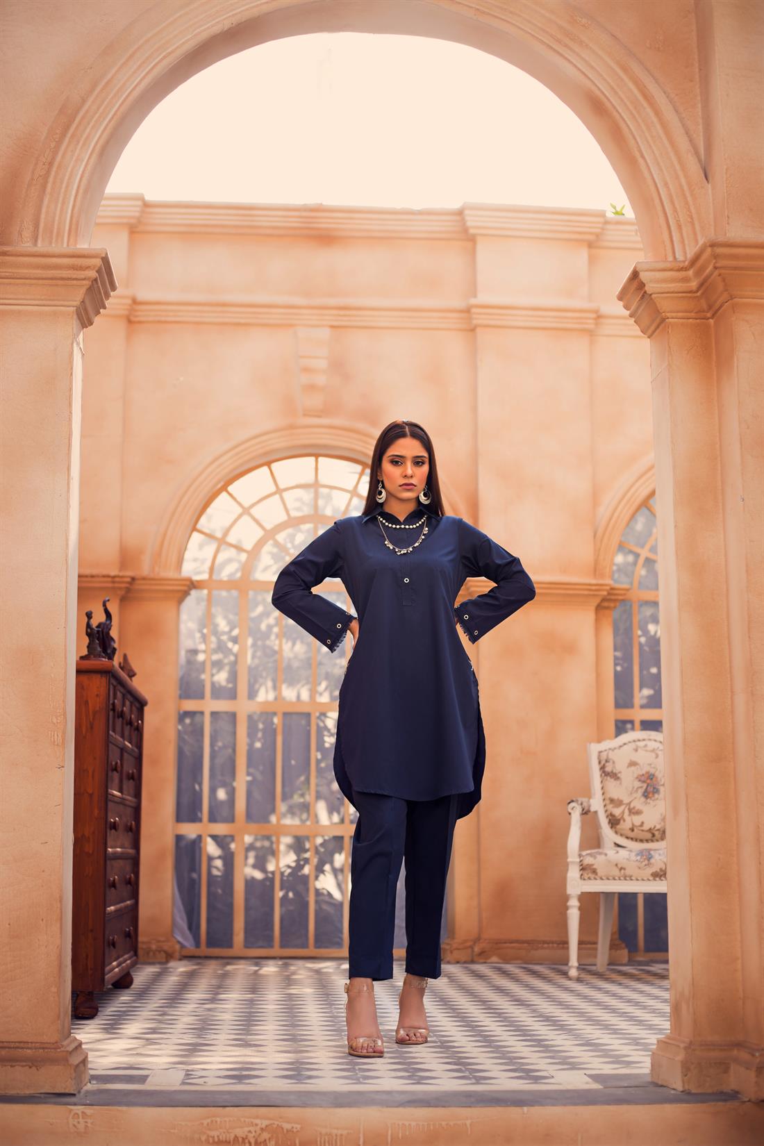 Navy Blue 2 Piece Irish Cotton Ladies Readymade Kurta