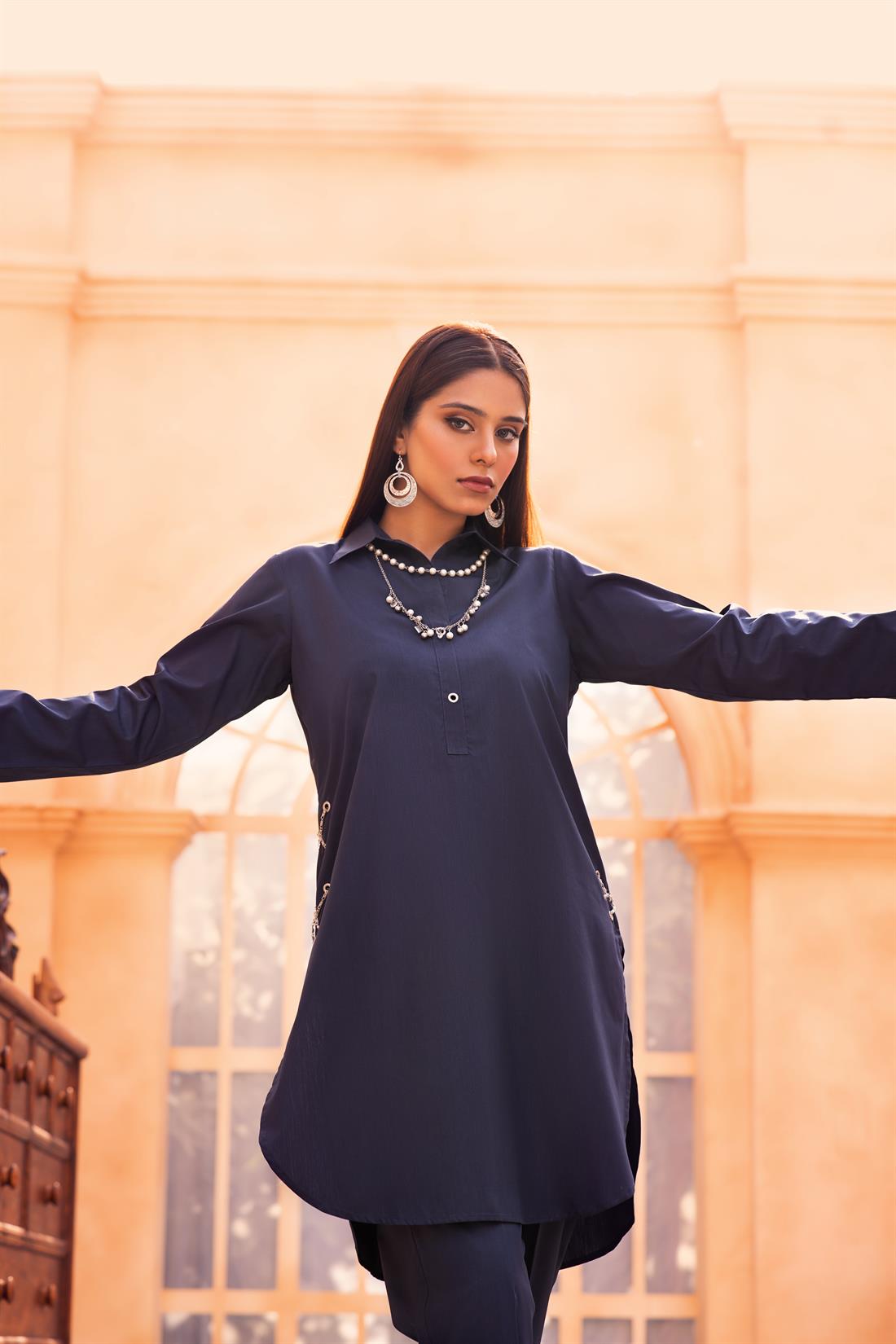 Navy Blue 2 Piece Irish Cotton Ladies Readymade Kurta