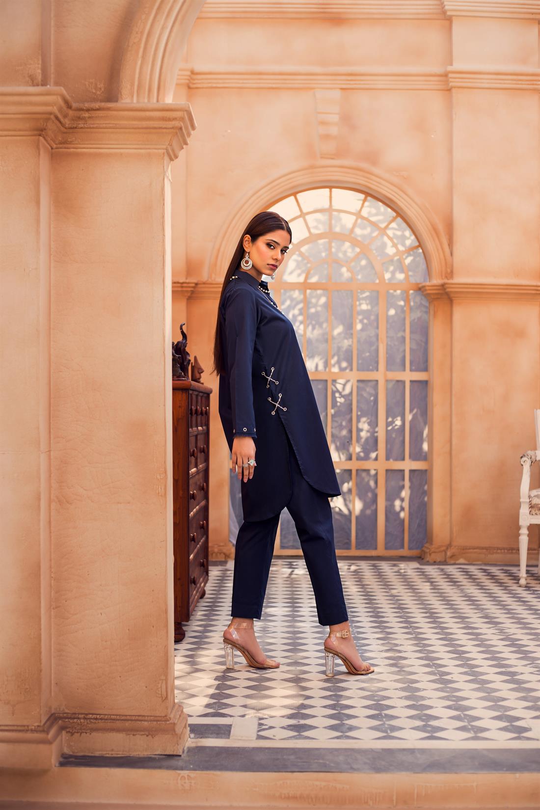 Navy Blue 2 Piece Irish Cotton Ladies Readymade Kurta