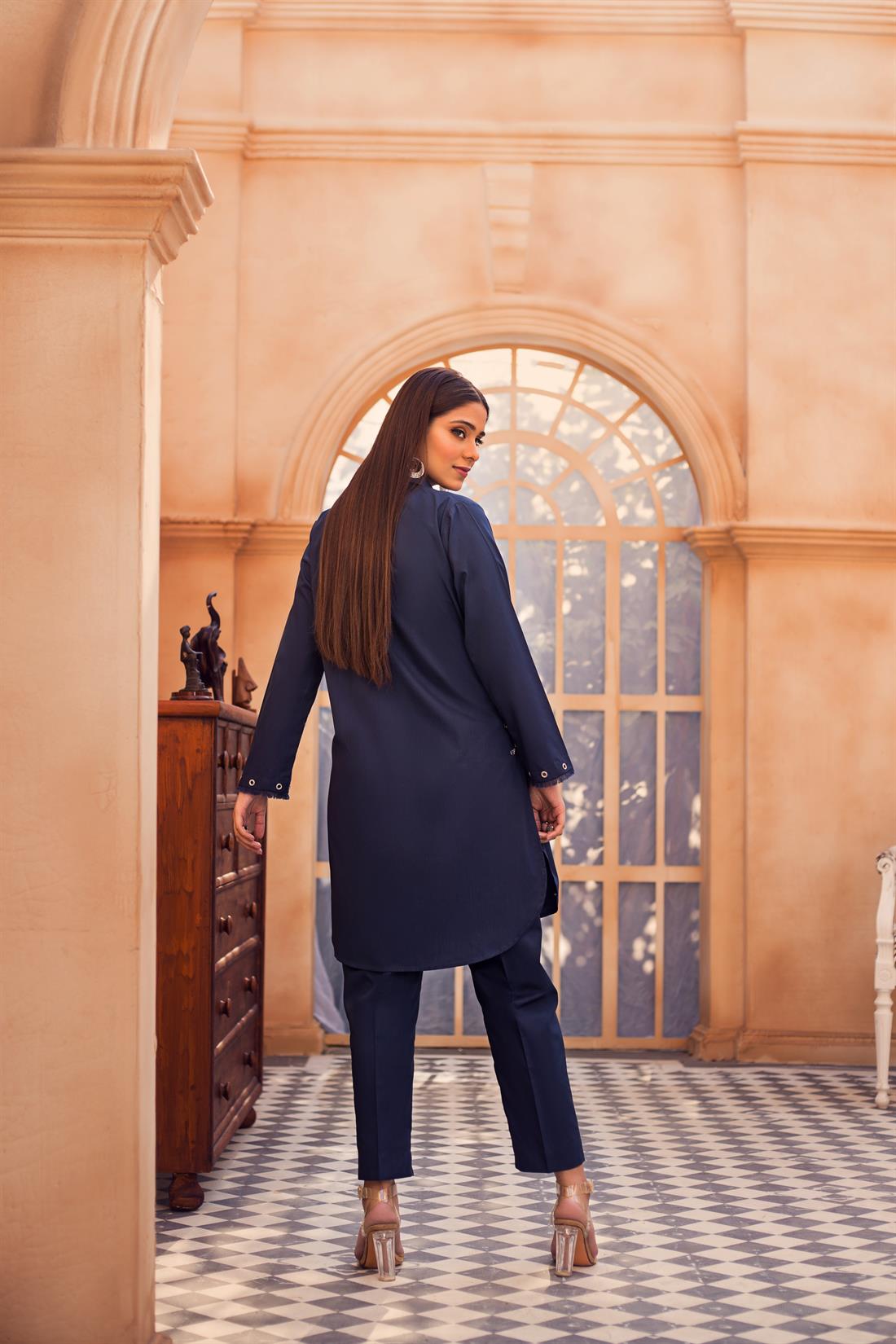Navy Blue 2 Piece Irish Cotton Ladies Readymade Kurta