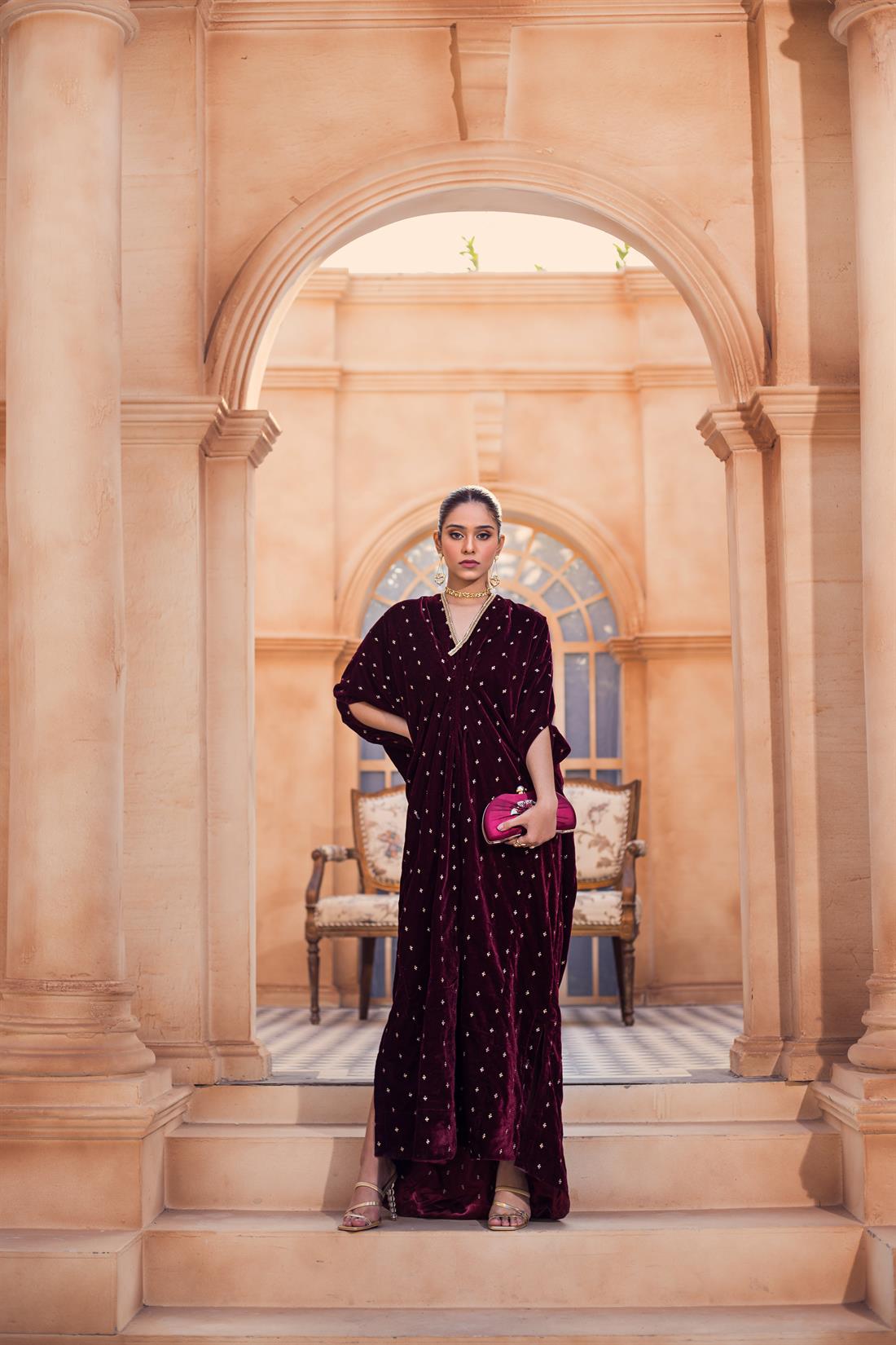 Maroon Readymade Embroidered Velvet Luxury Kaftan