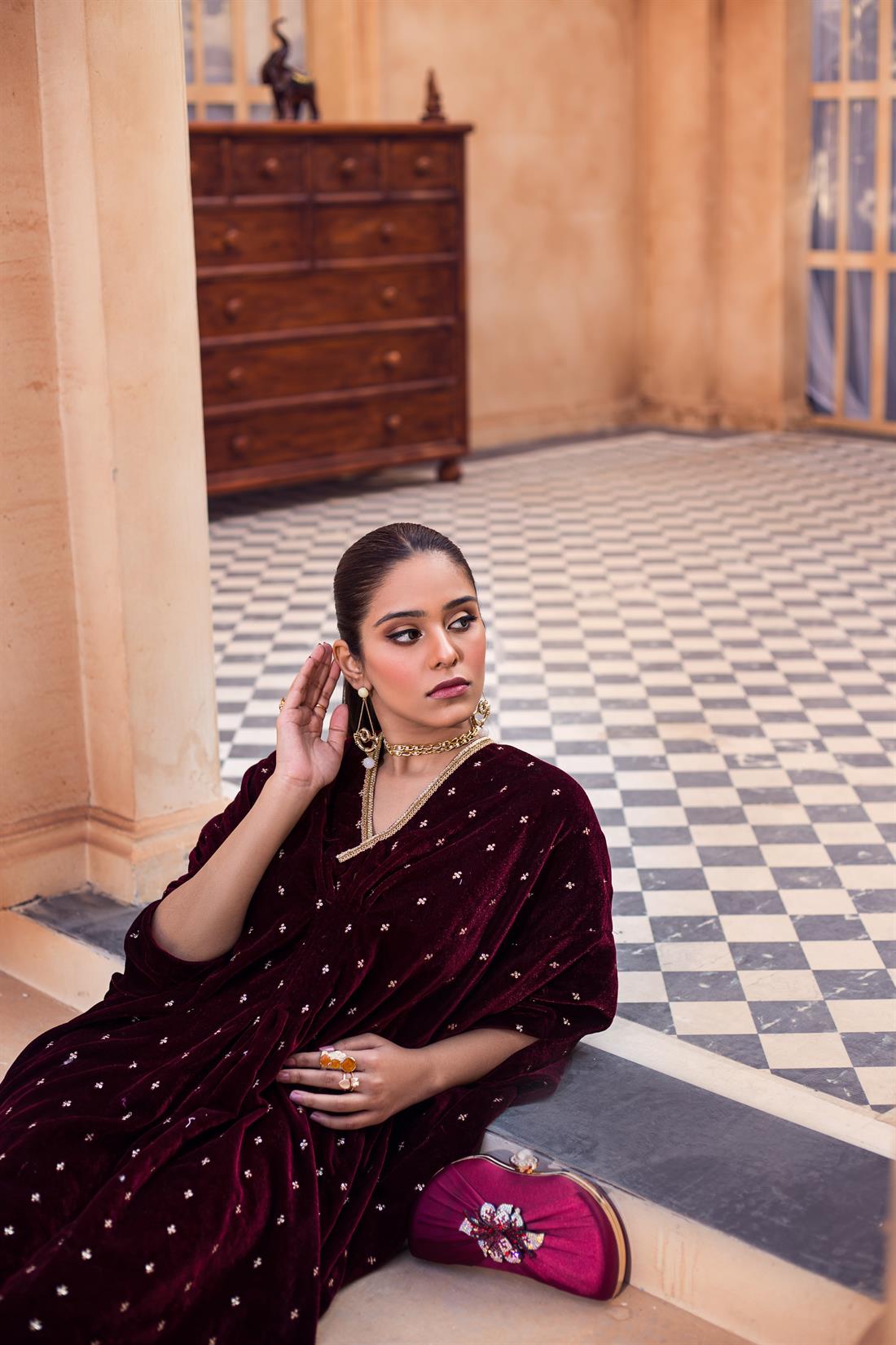 Maroon Readymade Embroidered Velvet Luxury Kaftan