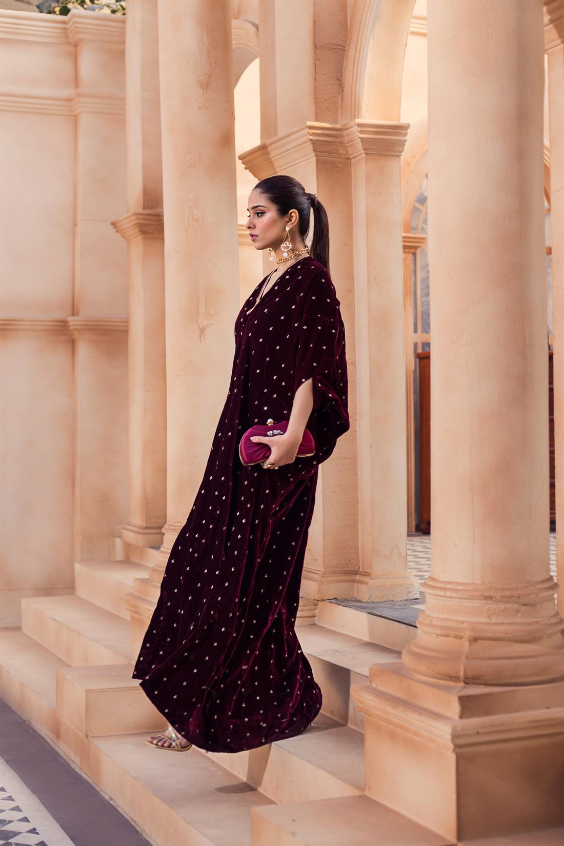 Maroon Readymade Embroidered Velvet Luxury Kaftan