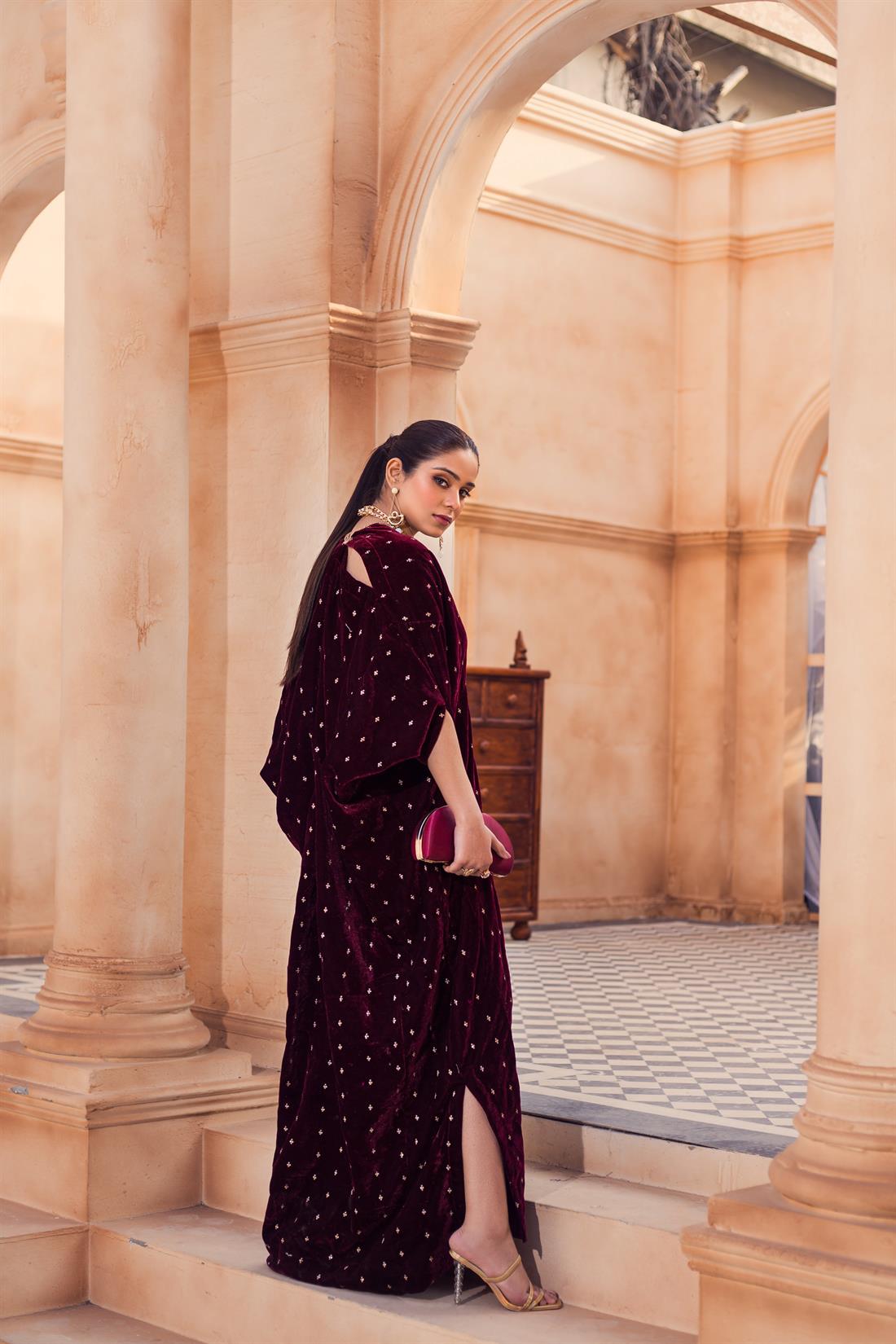 Maroon Readymade Embroidered Velvet Luxury Kaftan