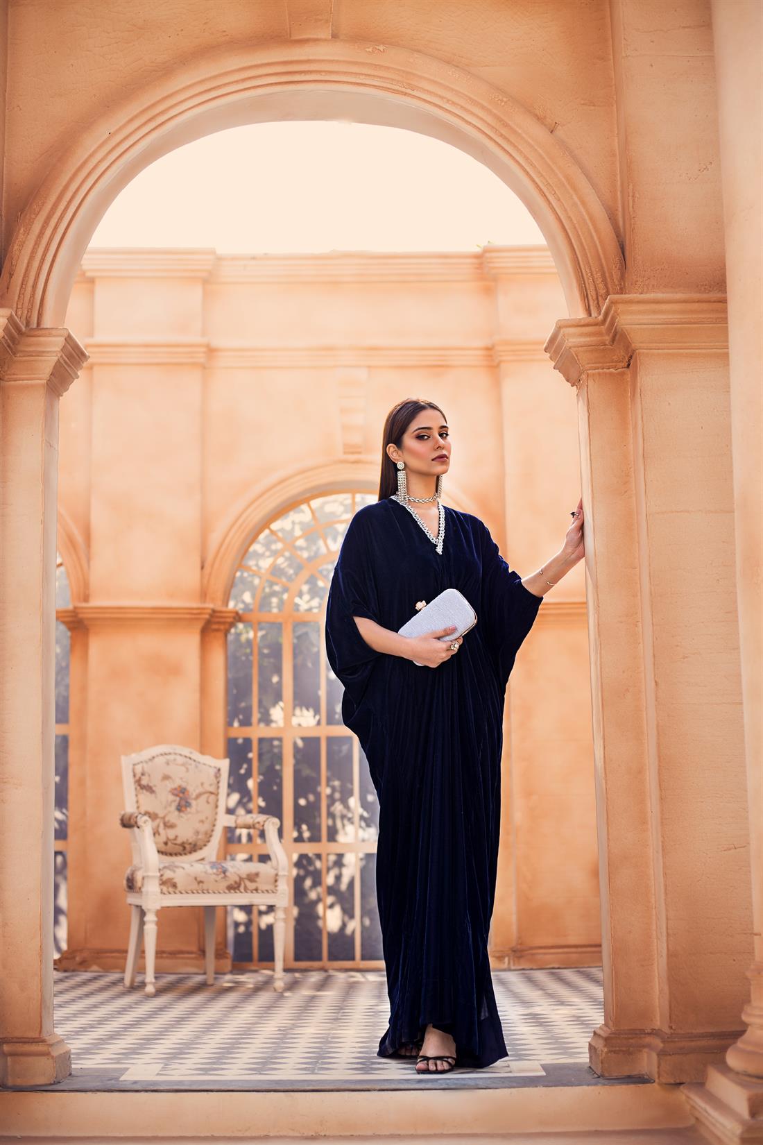Navy Blue Ladies Readymade Velvet Luxury Kaftan