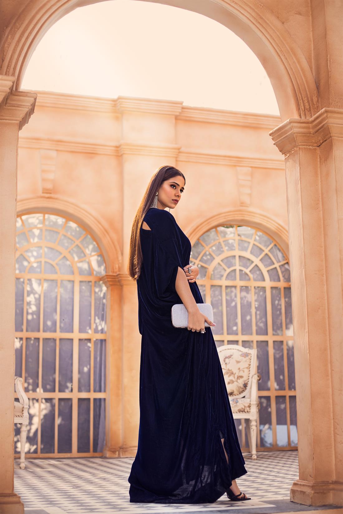 Navy Blue Ladies Readymade Velvet Luxury Kaftan