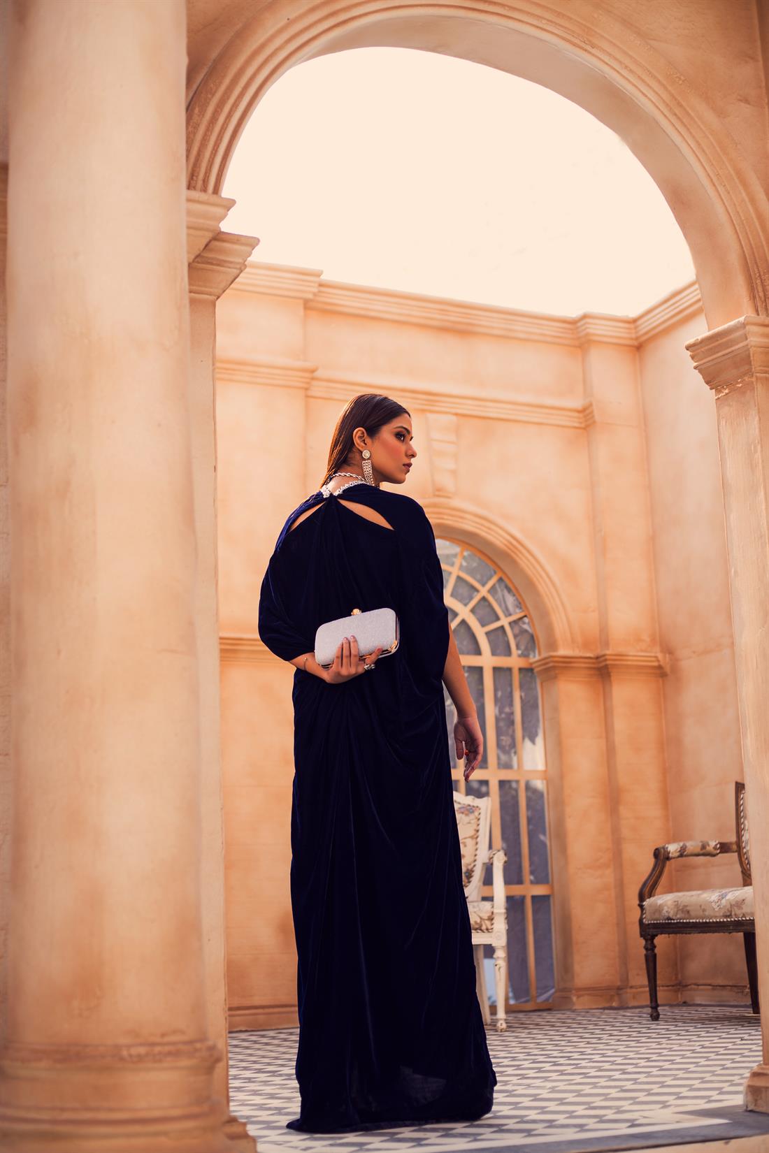 Navy Blue Ladies Readymade Velvet Luxury Kaftan