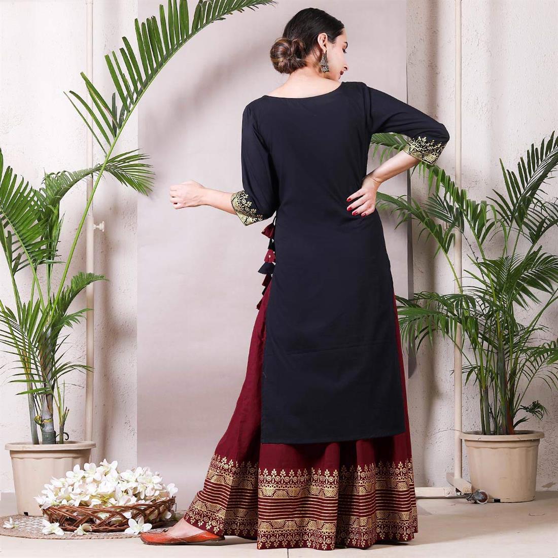 Navy & Maroon Printed 2 Piece Women Rayon Kurta and Skirt Set