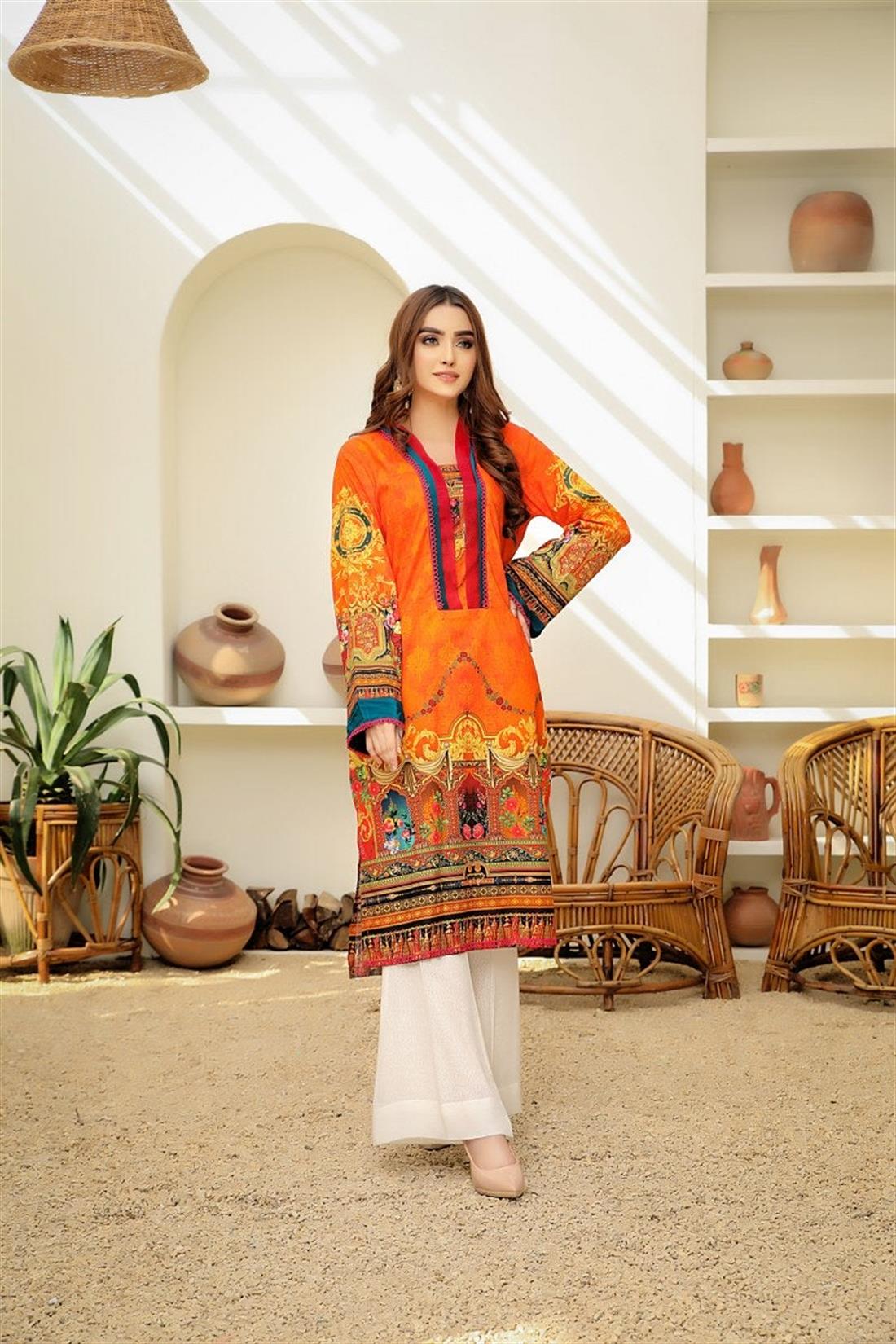 Orange 1 PC SAFWA Digital Printed Cotton Kurta