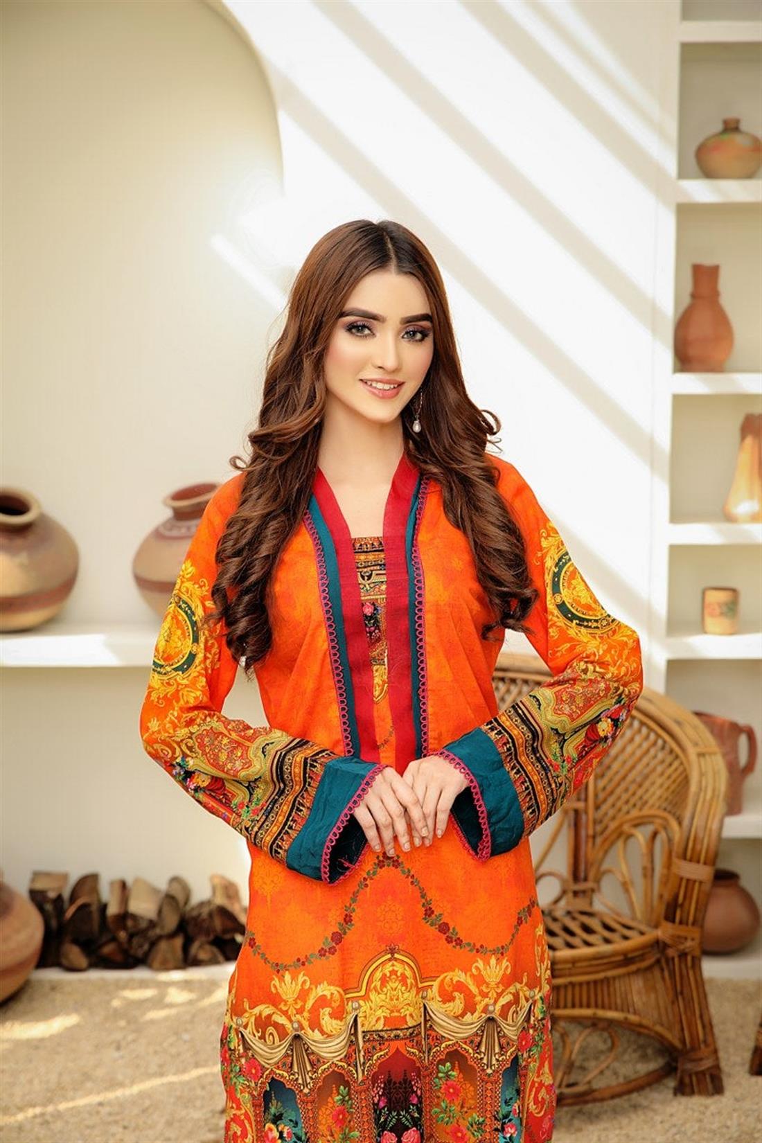 Orange 1 PC SAFWA Digital Printed Cotton Kurta