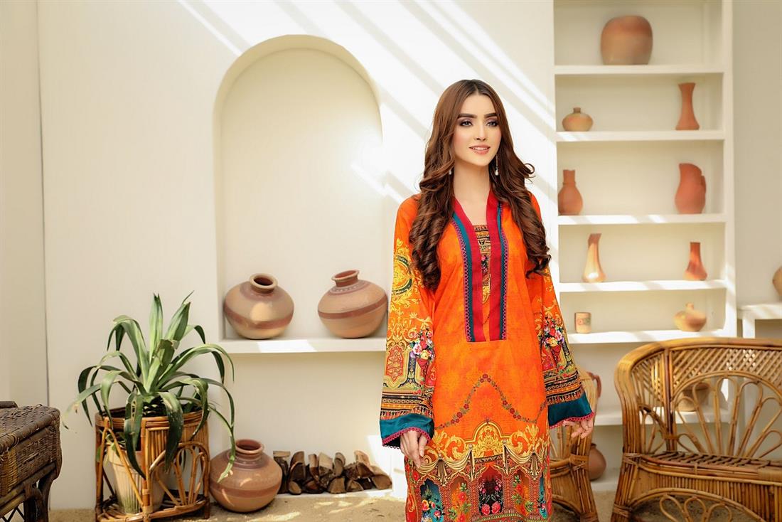 Orange 1 PC SAFWA Digital Printed Cotton Kurta
