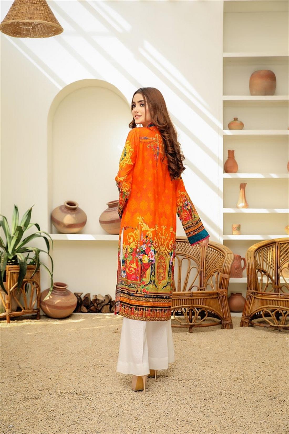 Orange 1 PC SAFWA Digital Printed Cotton Kurta