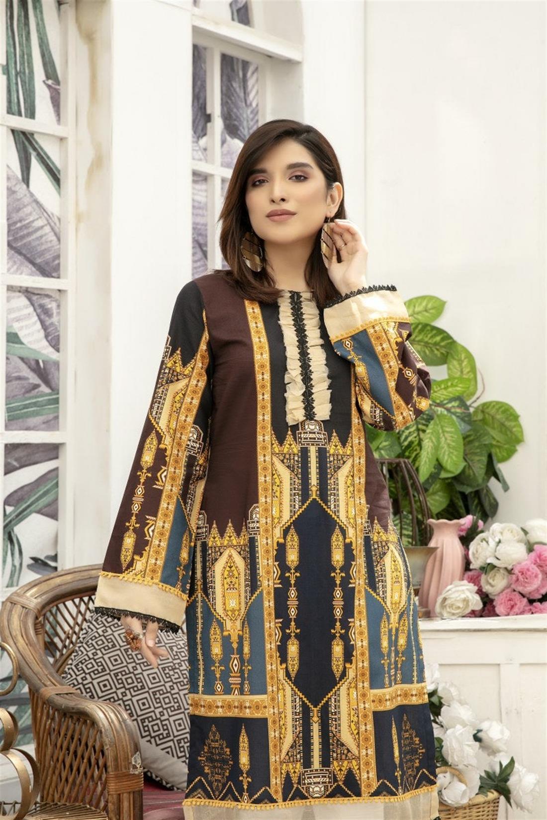 Brown & Multicolour Brown/Multicolour SAFWA Digital Printed Cotton 1 PC Kurta
