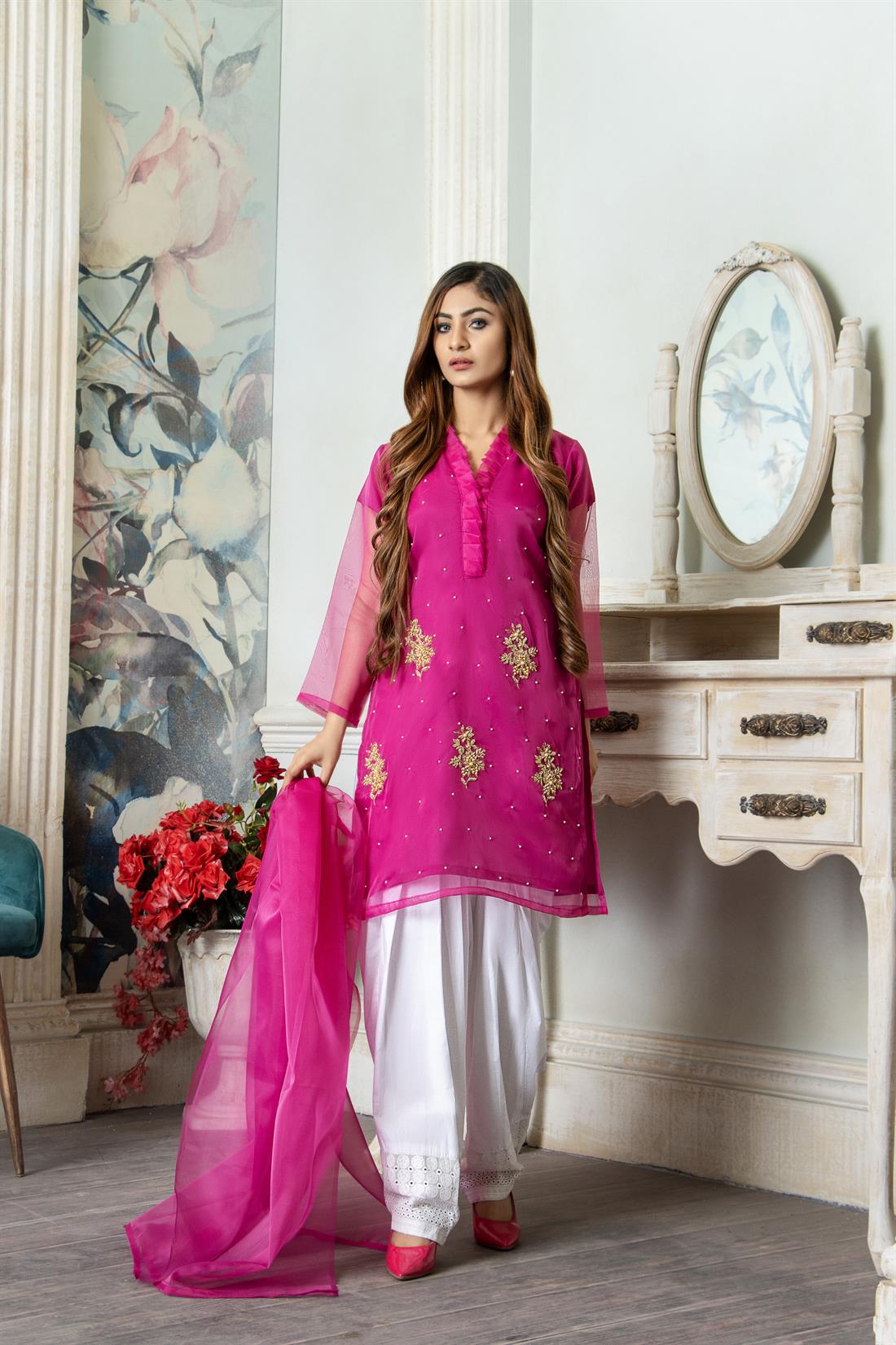 Pink 2 Piece Organza Straight Cut Kurta with Dupatta