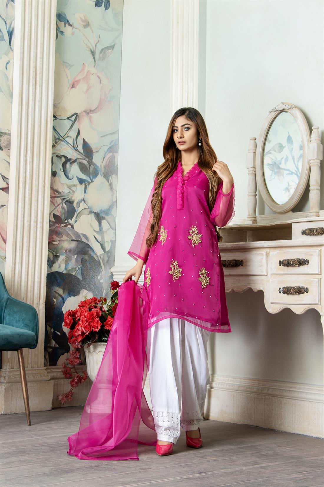 Pink 2 Piece Organza Straight Cut Kurta with Dupatta