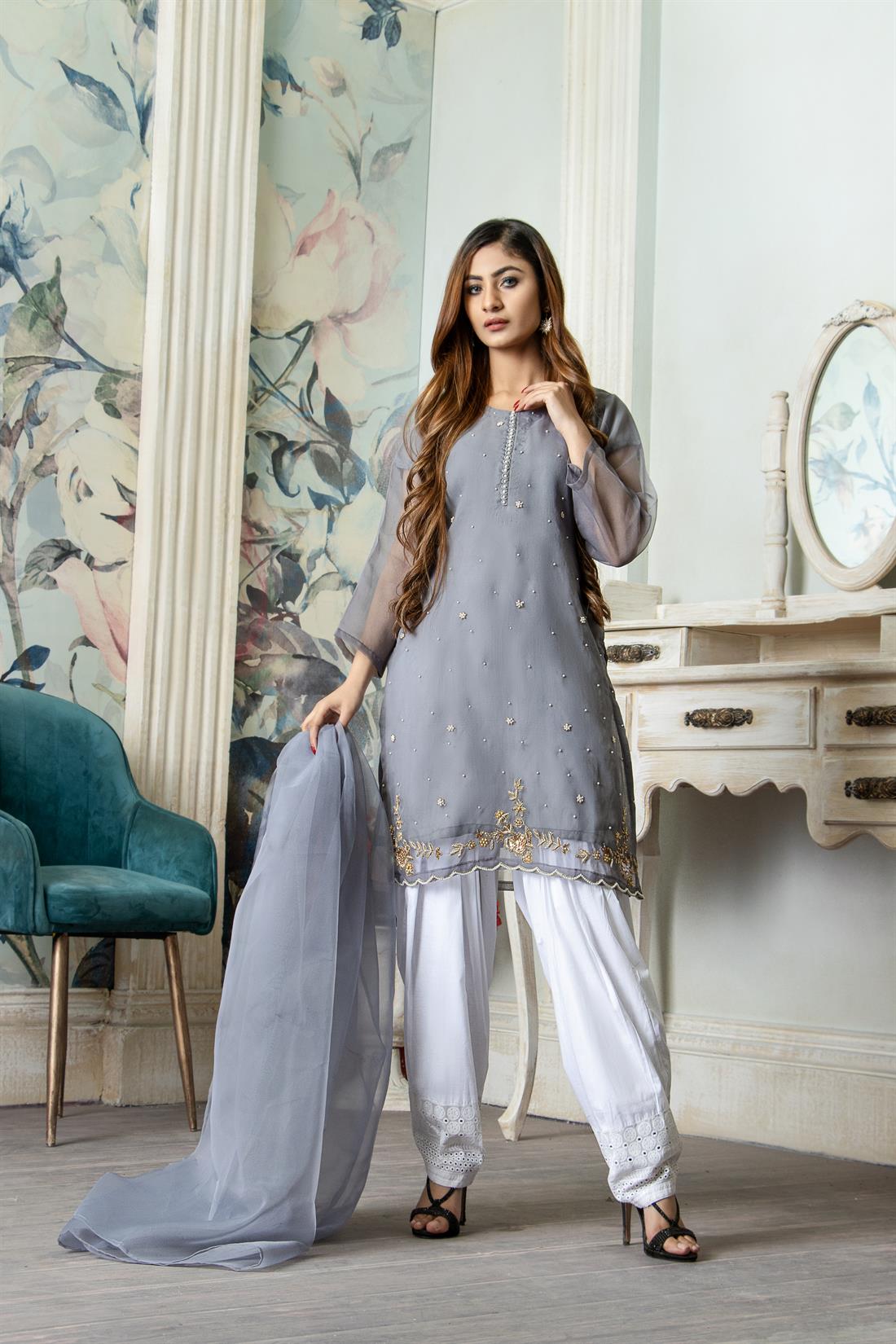 Grey 2 Piece Organza Straight Cut Kurta with Dupatta