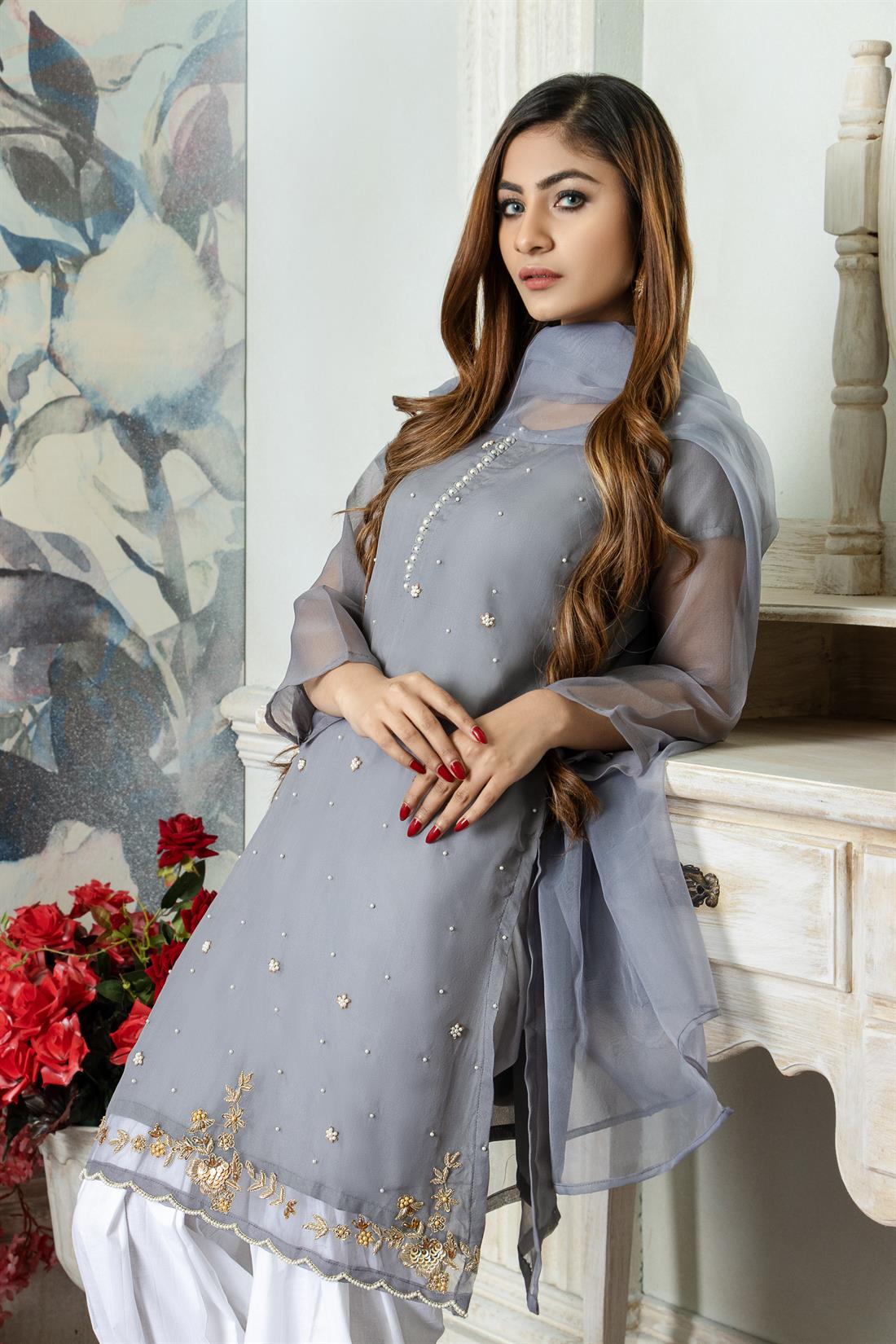 Grey 2 Piece Organza Straight Cut Kurta with Dupatta