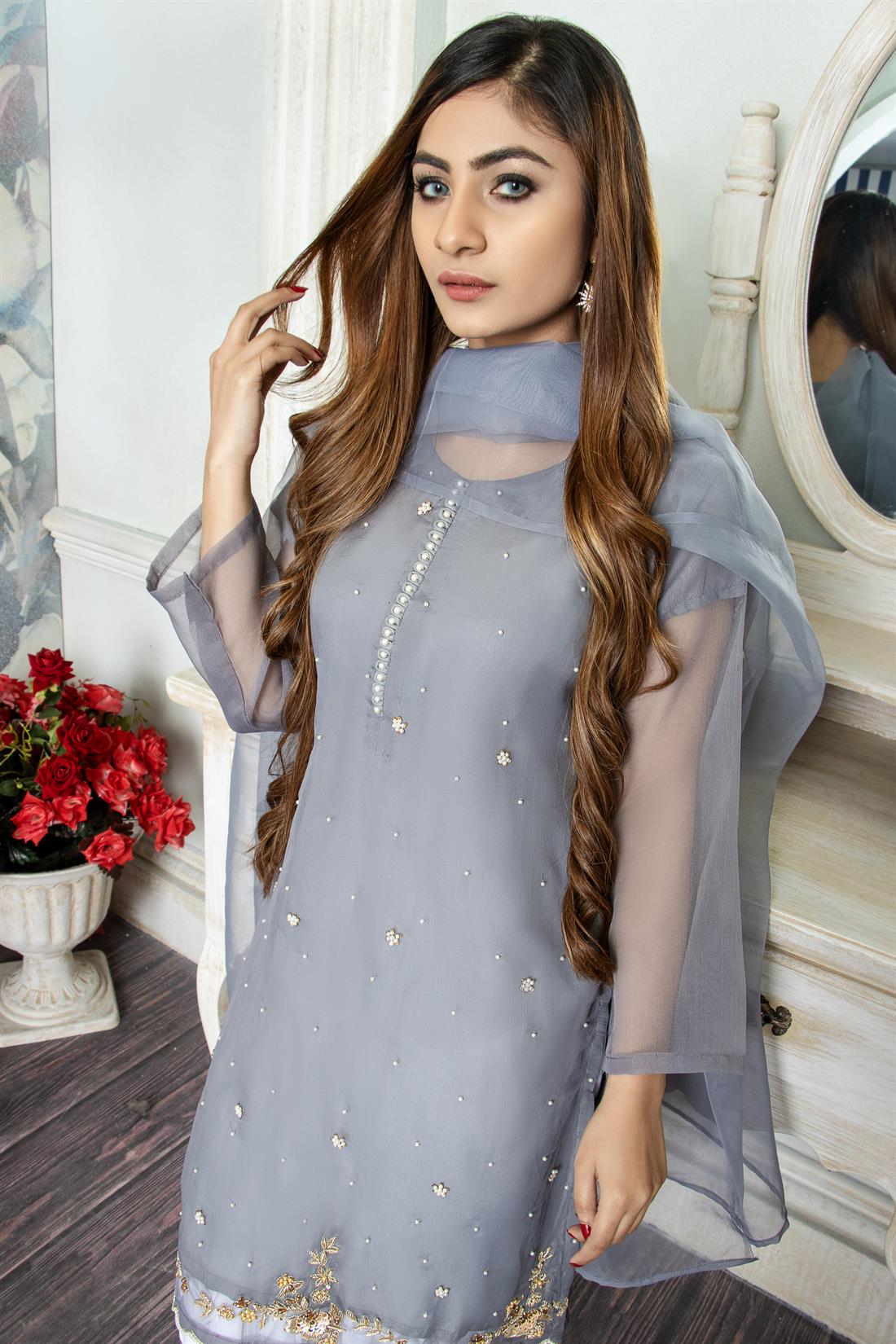Grey 2 Piece Organza Straight Cut Kurta with Dupatta