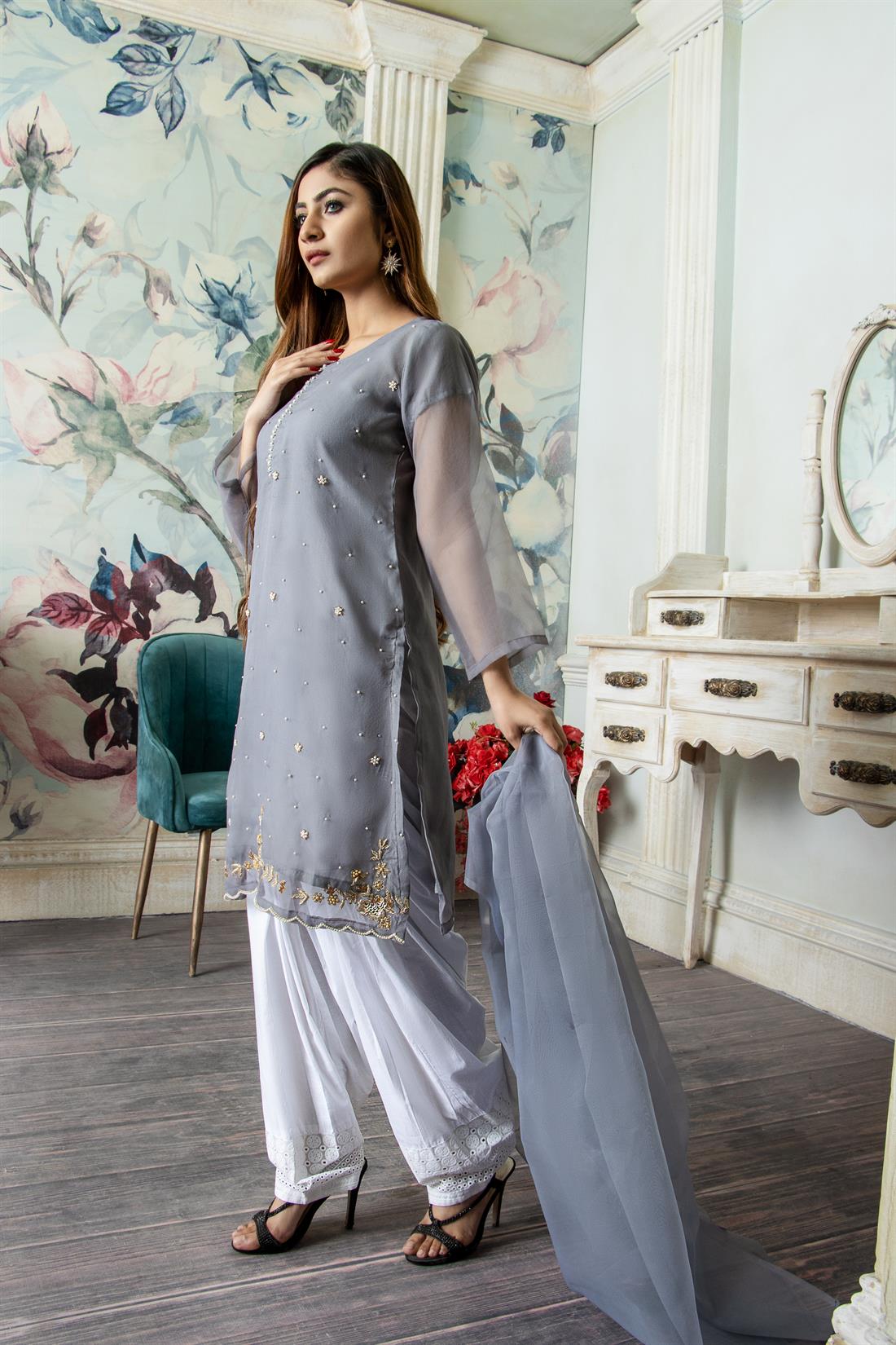 Grey 2 Piece Organza Straight Cut Kurta with Dupatta