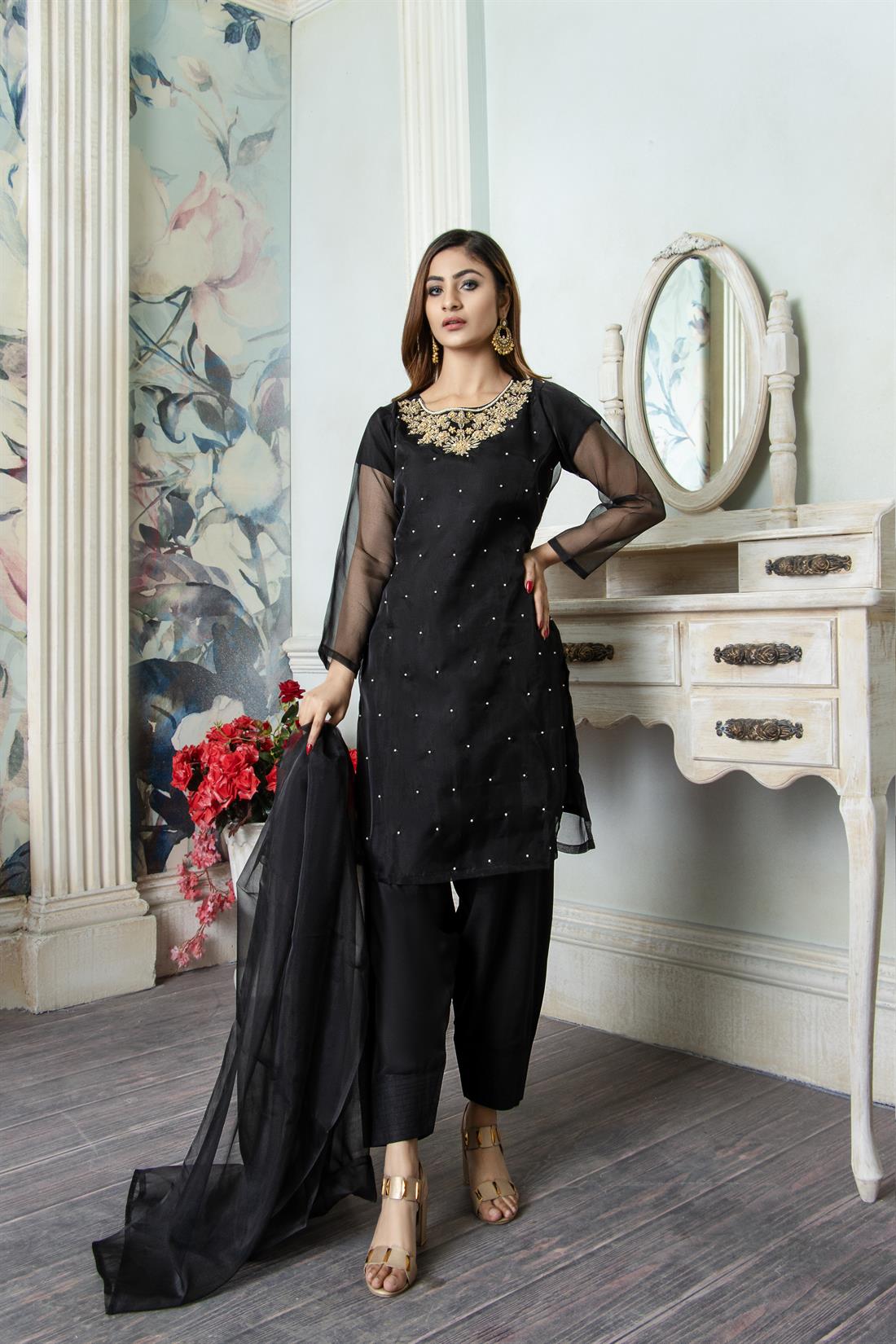 Black 2 Piece Organza Straight Cut Kurta with Dupatta