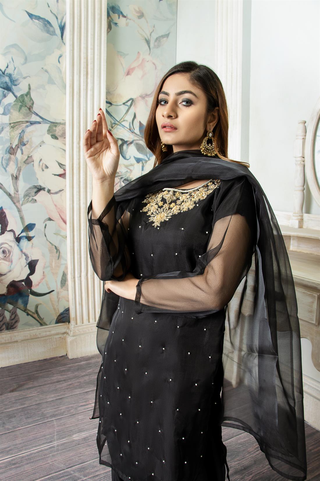 Black 2 Piece Organza Straight Cut Kurta with Dupatta