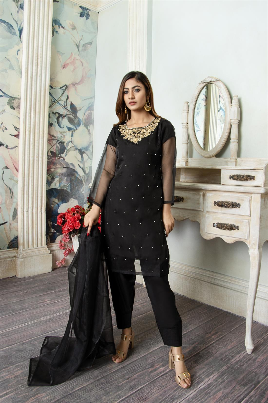 Black 2 Piece Organza Straight Cut Kurta with Dupatta