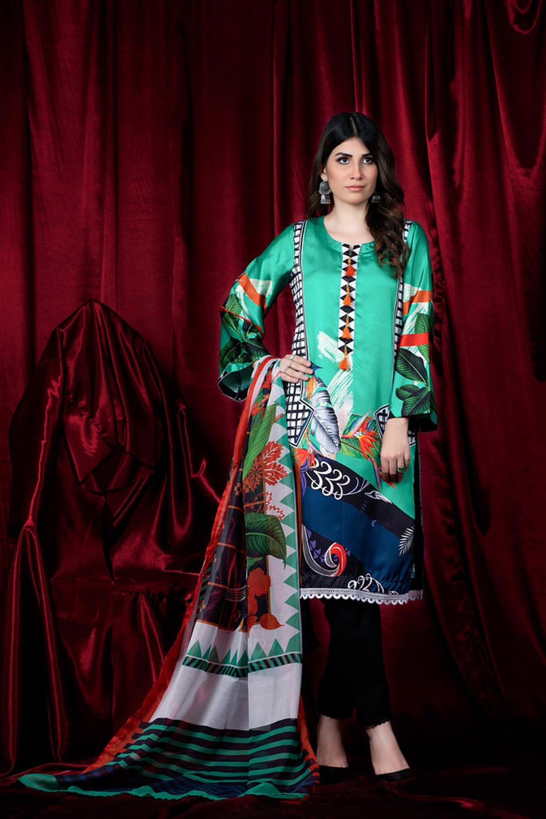 Parrot Green Printed Charmuse Silk Shirt & Dupatta