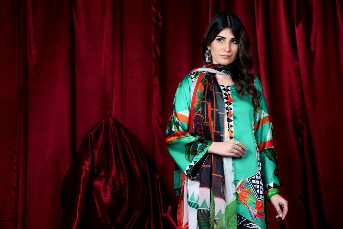 Parrot Green Printed Charmuse Silk Shirt & Dupatta