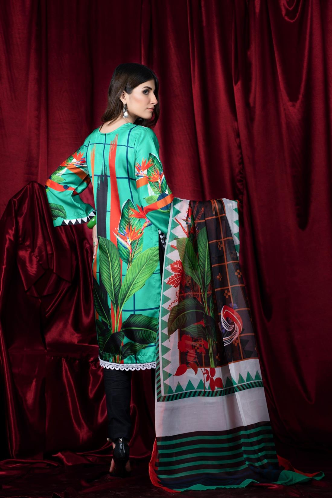 Parrot Green Printed Charmuse Silk Shirt & Dupatta
