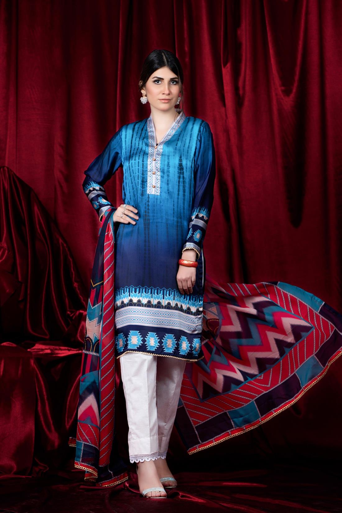 Blue 2 Piece Printed Charmuse Silk Shirt & Dupatta
