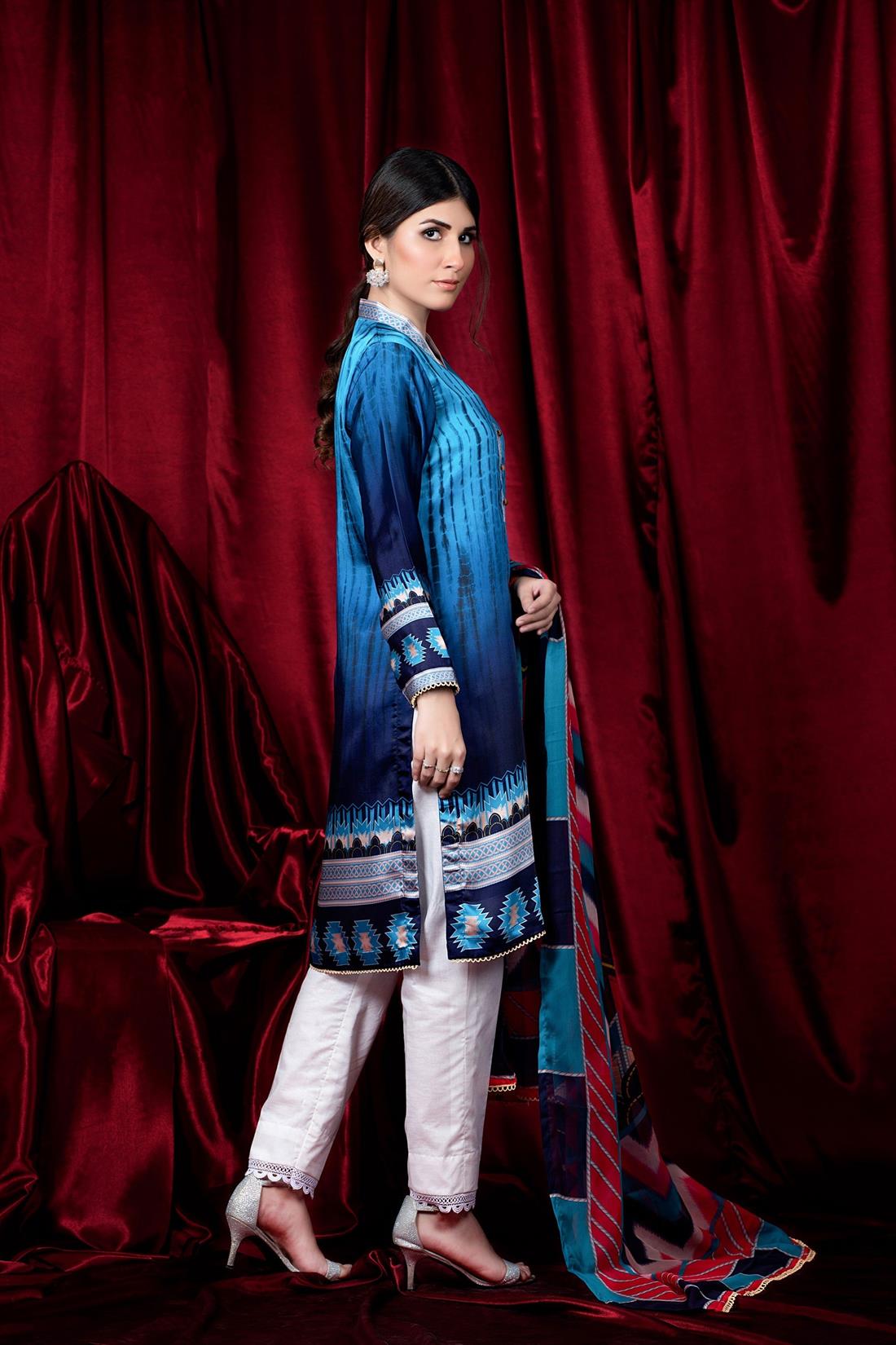 Blue 2 Piece Printed Charmuse Silk Shirt & Dupatta