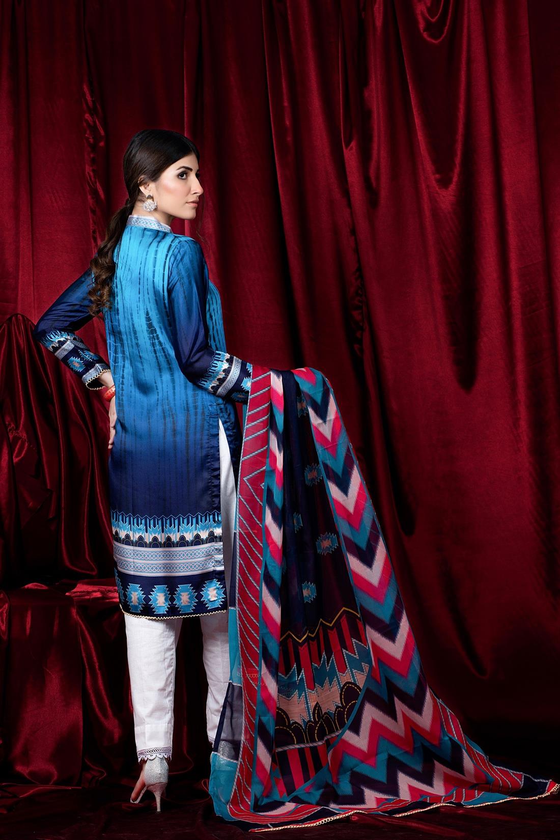 Blue 2 Piece Printed Charmuse Silk Shirt & Dupatta