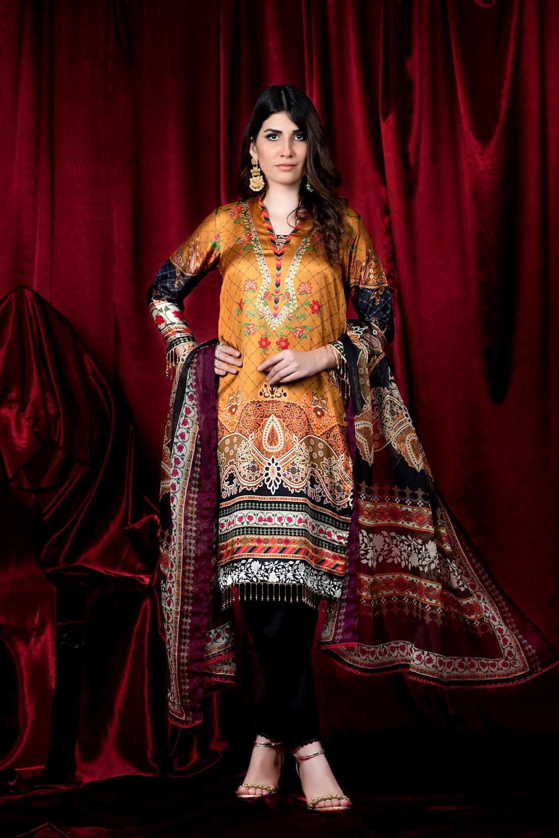 Mustard 2 Piece Printed Charmuse Silk Shirt & Dupatta