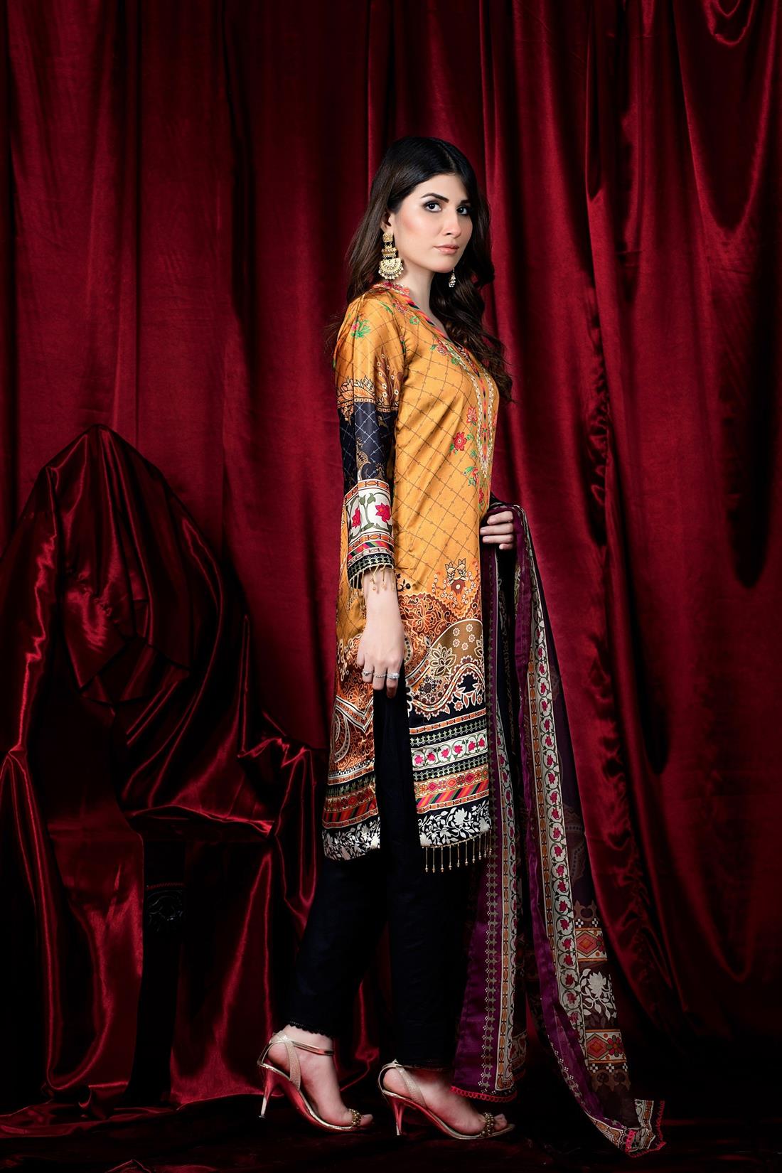 Mustard 2 Piece Printed Charmuse Silk Shirt & Dupatta