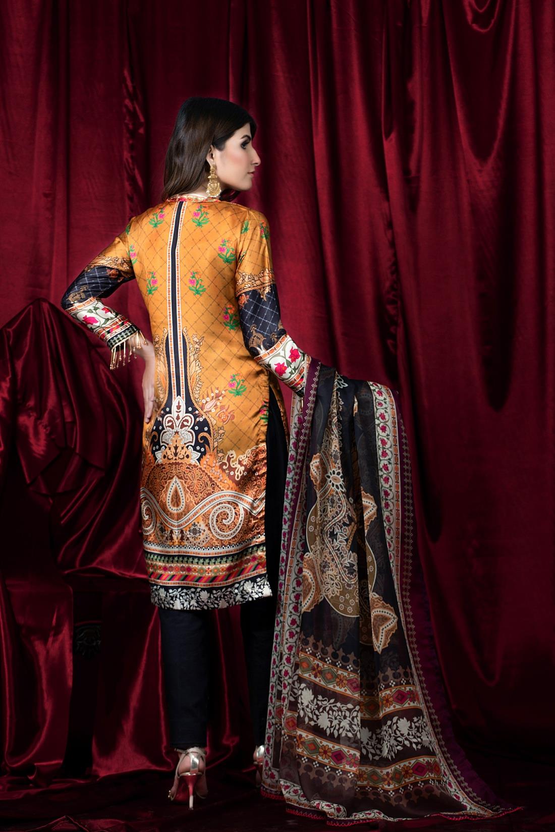 Mustard 2 Piece Printed Charmuse Silk Shirt & Dupatta