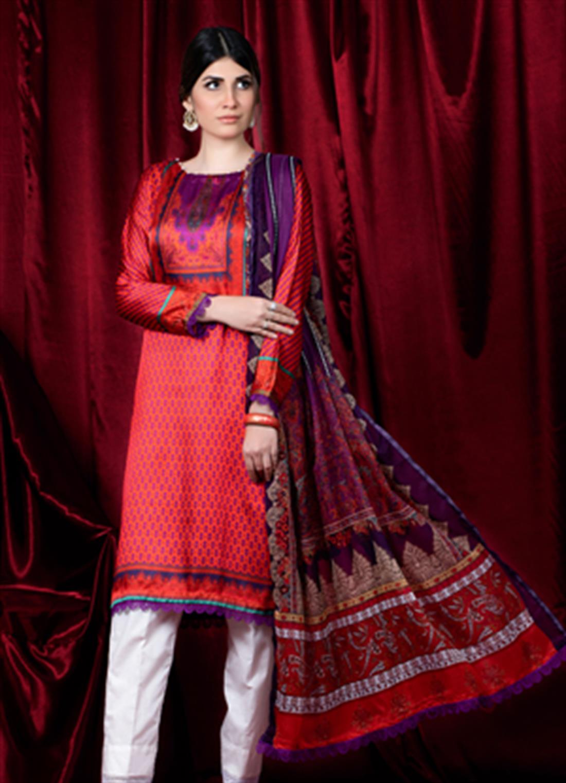 Orange & Purple Orange/Purple Printed Charmuse Silk Shirt & Dupatta