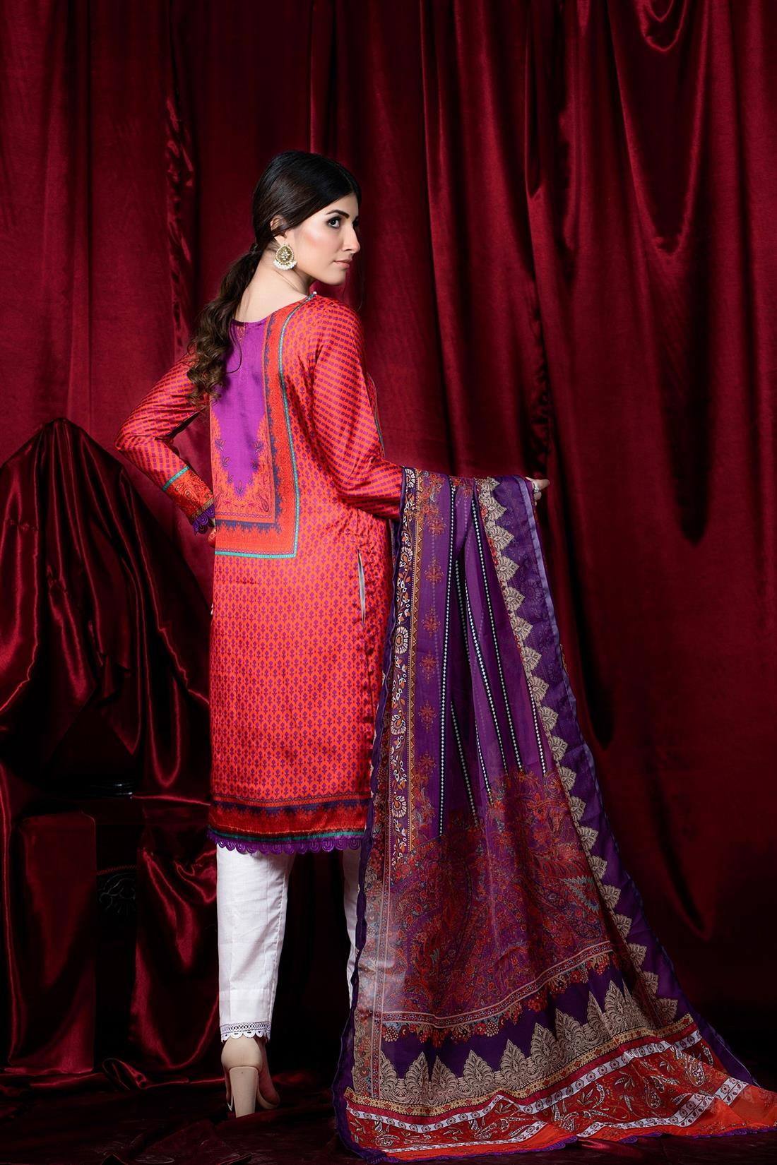 Orange & Purple Orange/Purple Printed Charmuse Silk Shirt & Dupatta