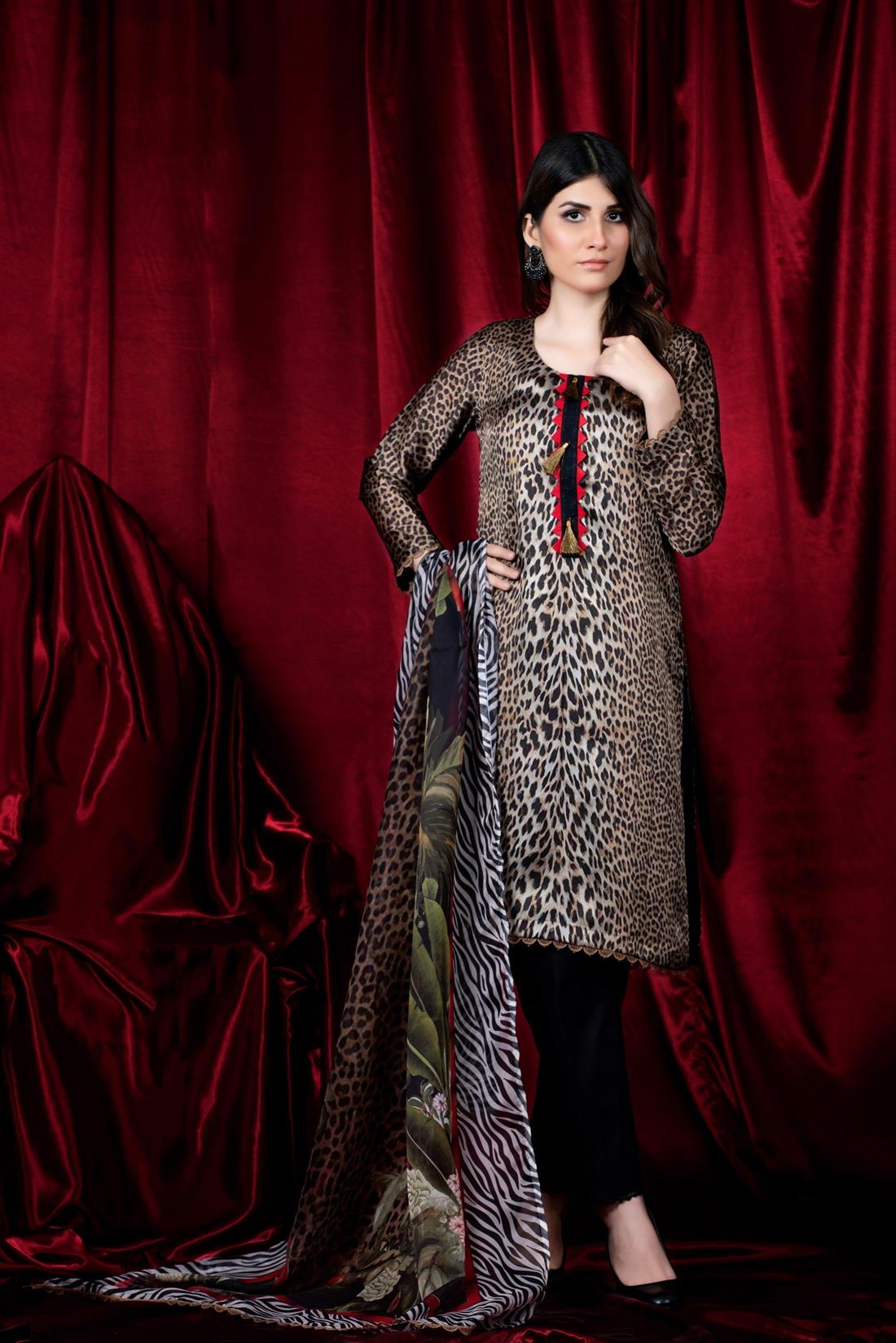 Black & Khakhi Printed Charmuse Silk Shirt & Dupatta
