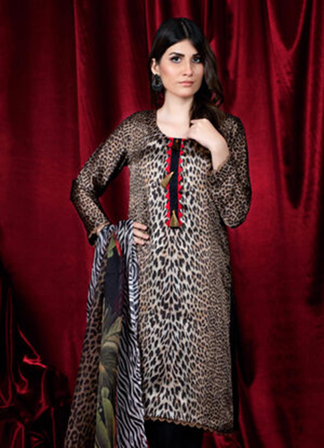 Black & Khakhi Printed Charmuse Silk Shirt & Dupatta