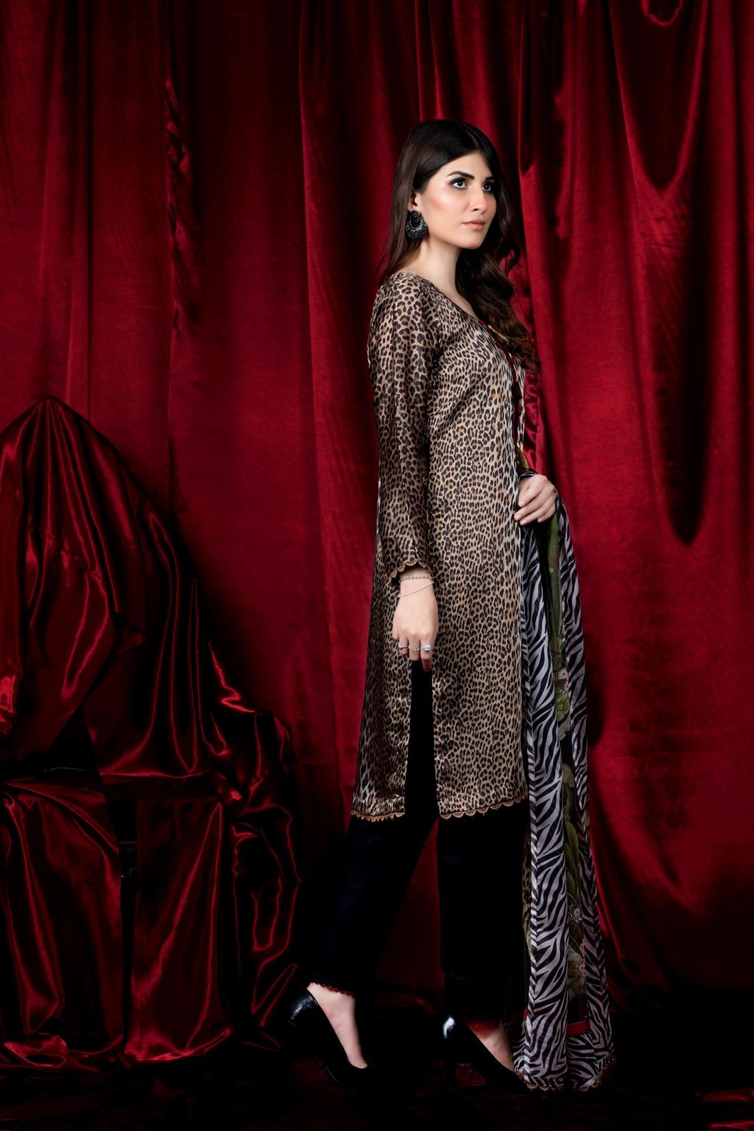 Black & Khakhi Printed Charmuse Silk Shirt & Dupatta