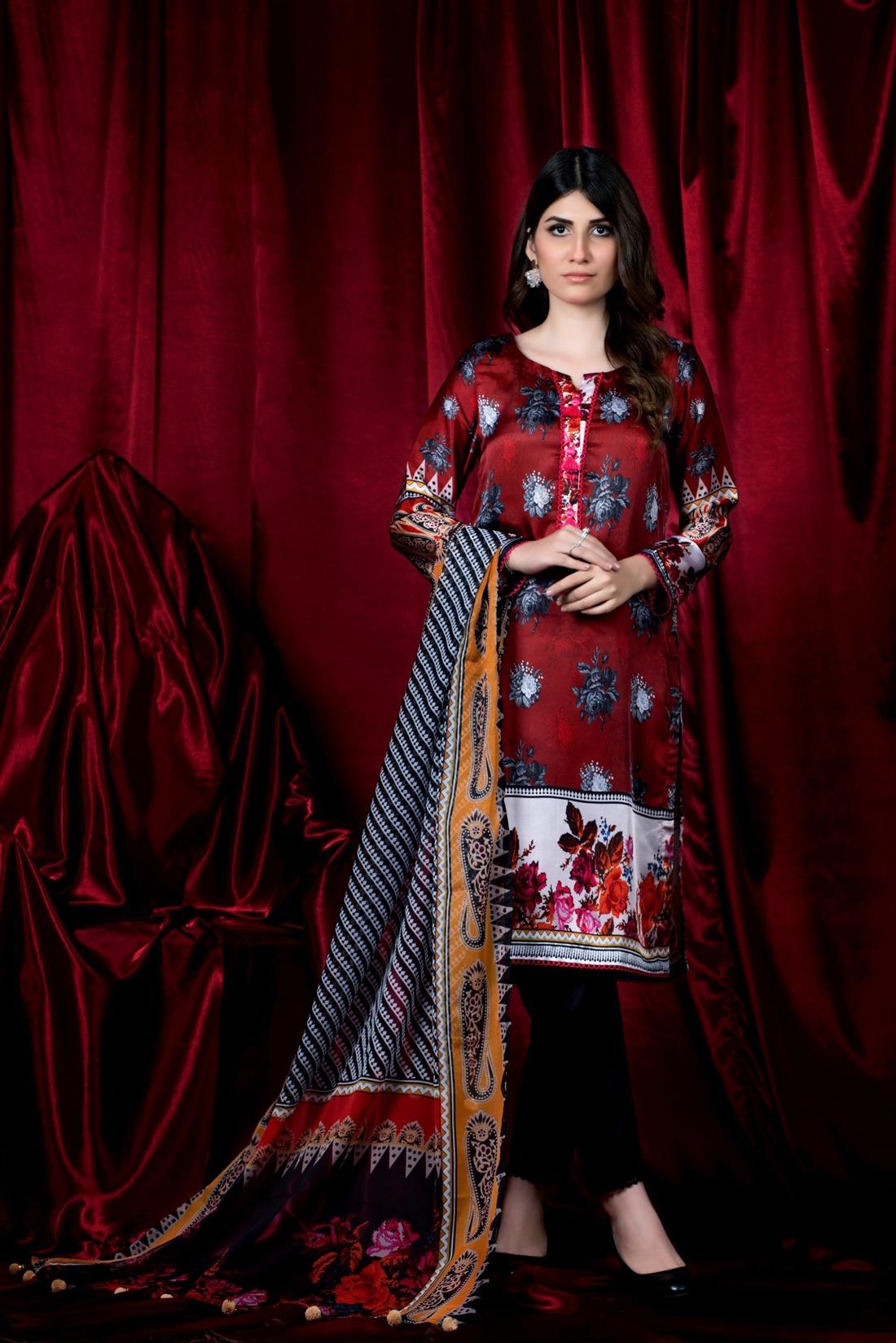 Maroon & Black Maroon/Black Printed Charmuse Silk Shirt & Dupatta