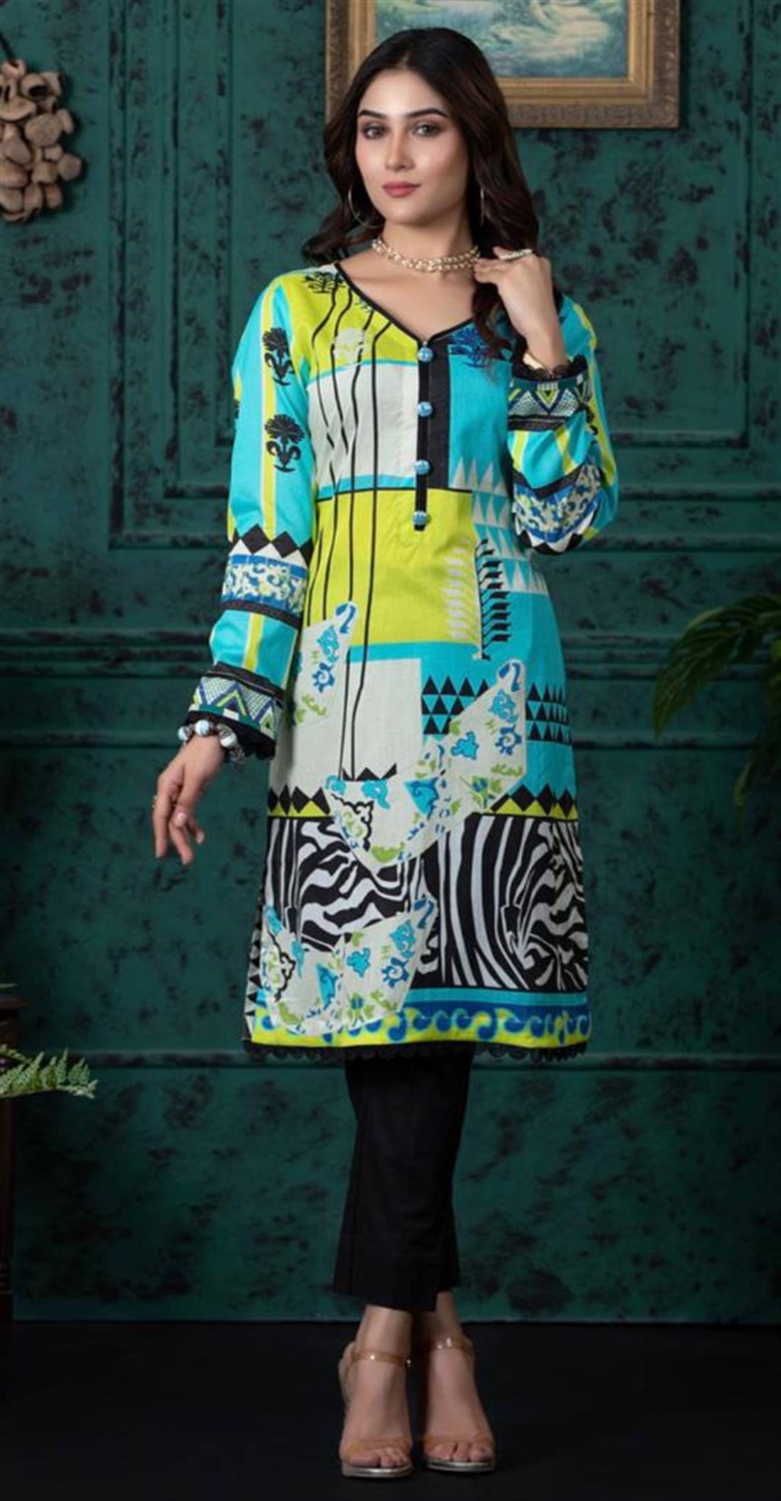 Aqua & Multicolour Aqua/Multicolour Digital Printed Lawn Embroidered Kurta