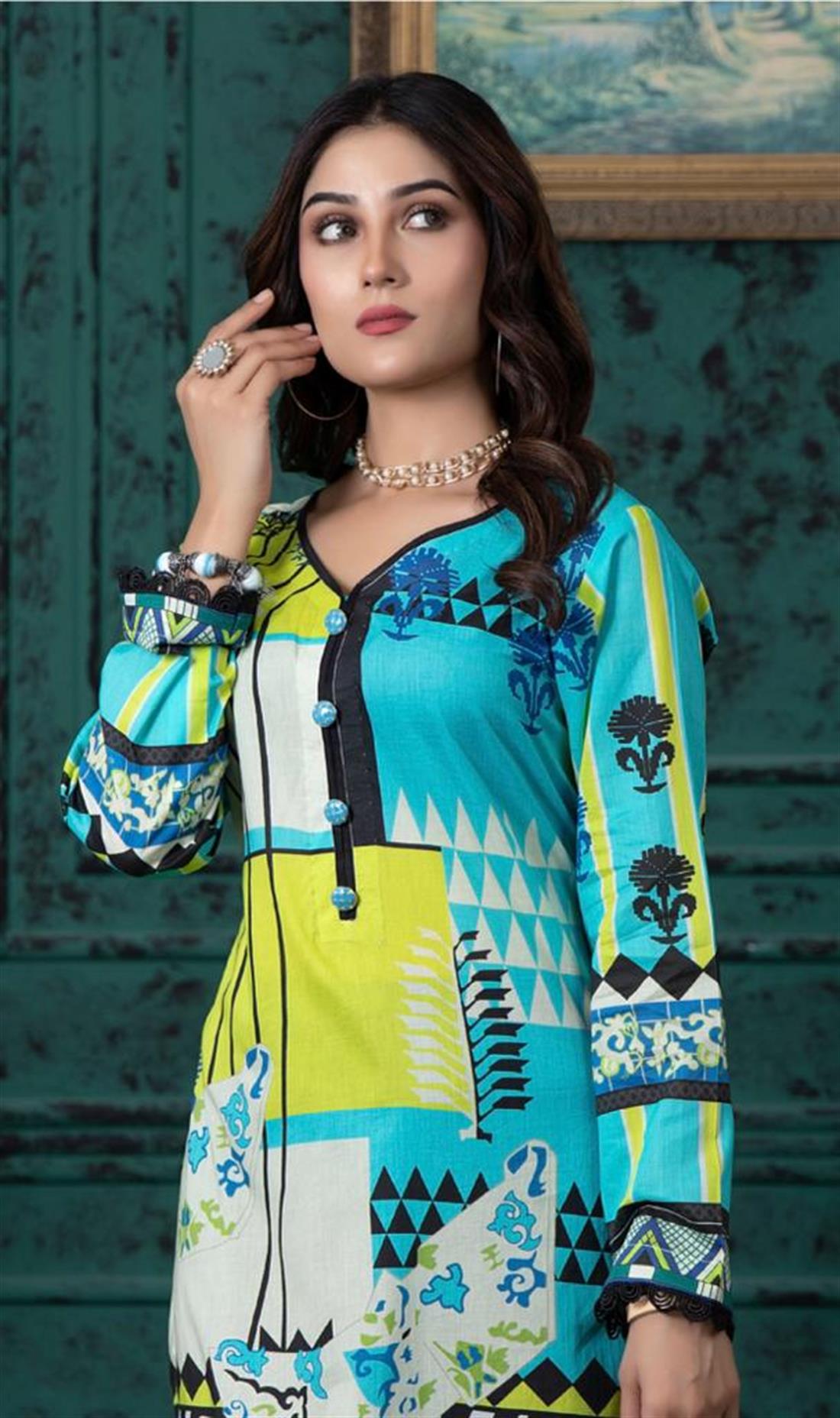 Aqua & Multicolour Aqua/Multicolour Digital Printed Lawn Embroidered Kurta