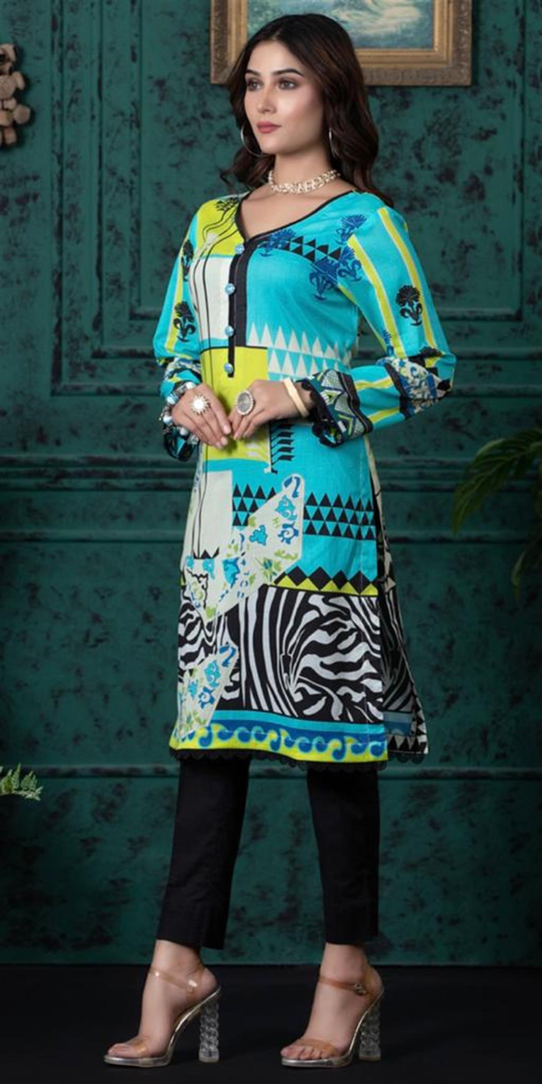 Aqua & Multicolour Aqua/Multicolour Digital Printed Lawn Embroidered Kurta
