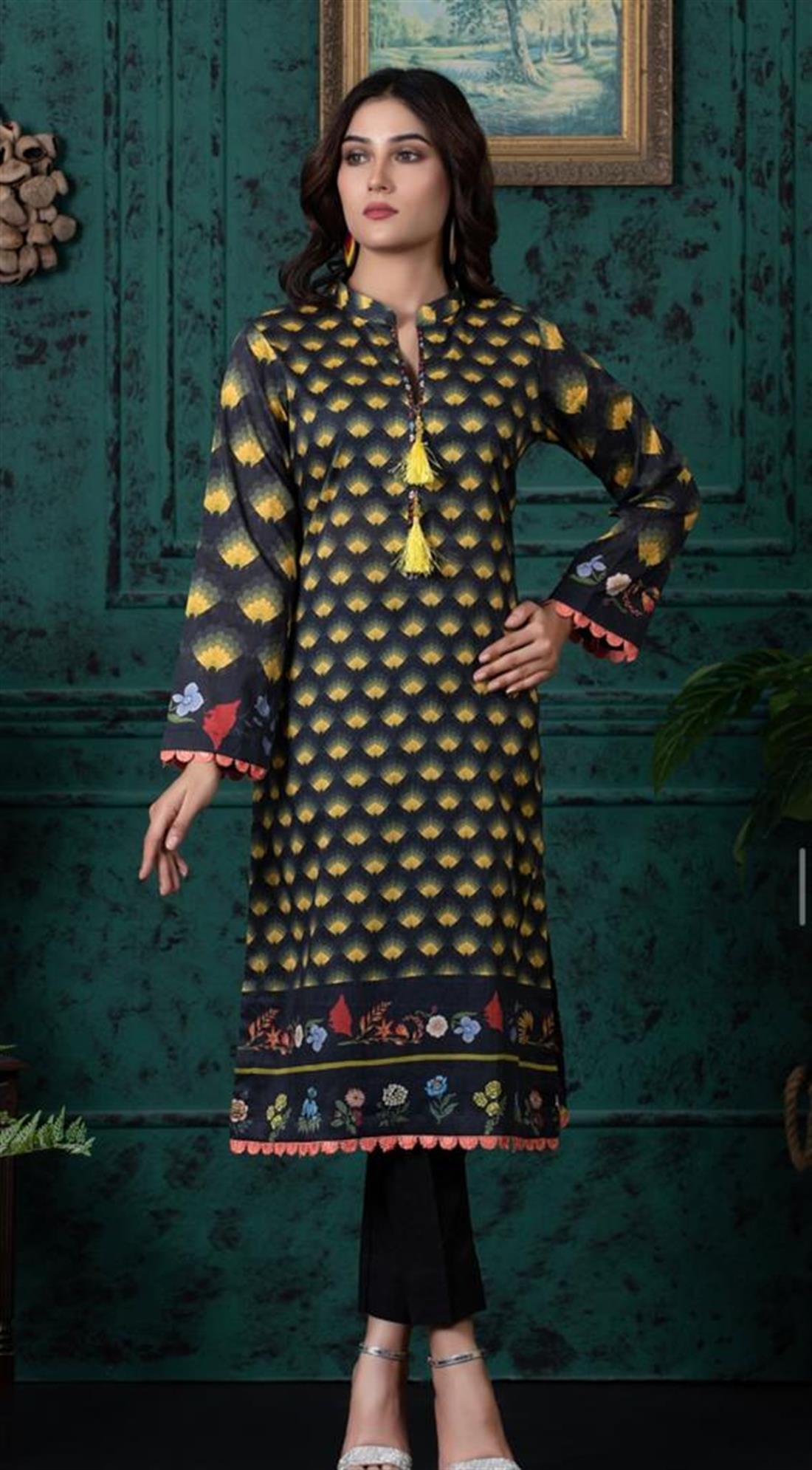 Grey & Yellow Grey/Yellow Digital Printed Lawn Embroidered Kurta